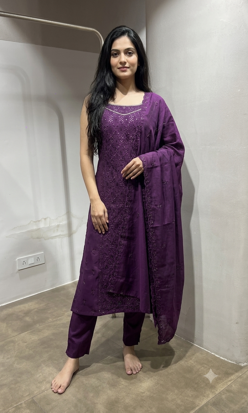 Wine Georgette Straight Suit with Dupatta