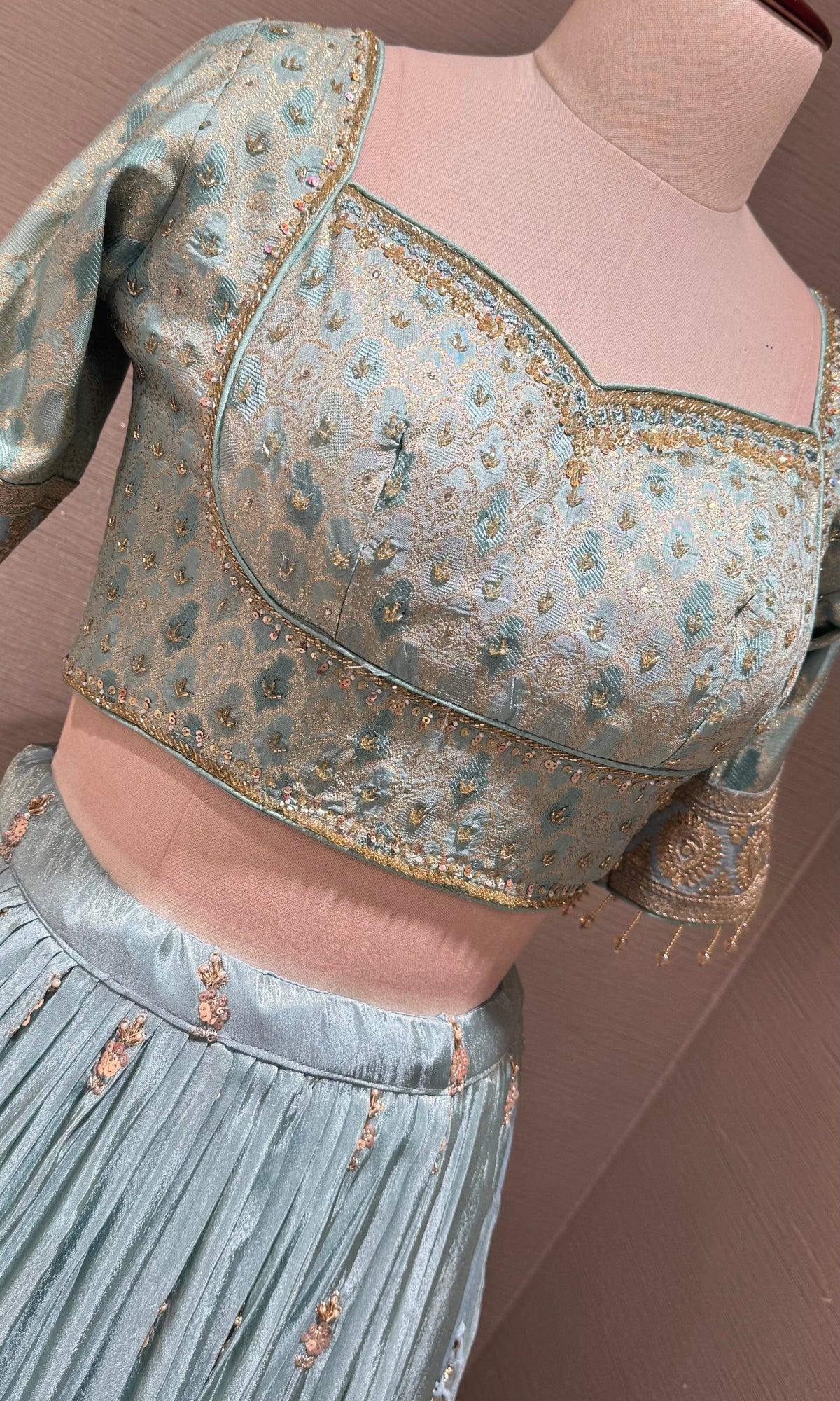 Light blue Sequins Embroidered Tissue Lehenga Choli