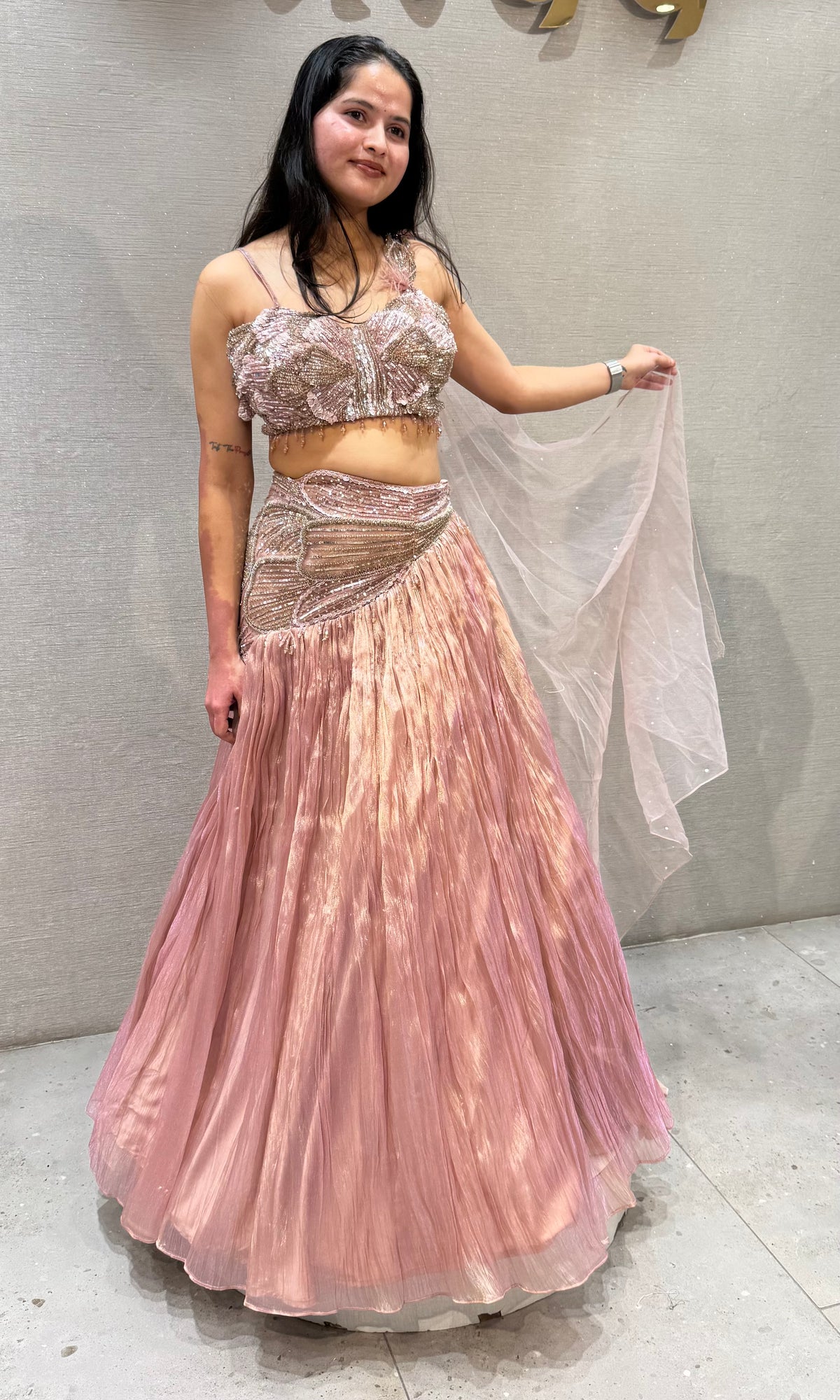 Blush Pink Embellished Tissue Lehenga Set