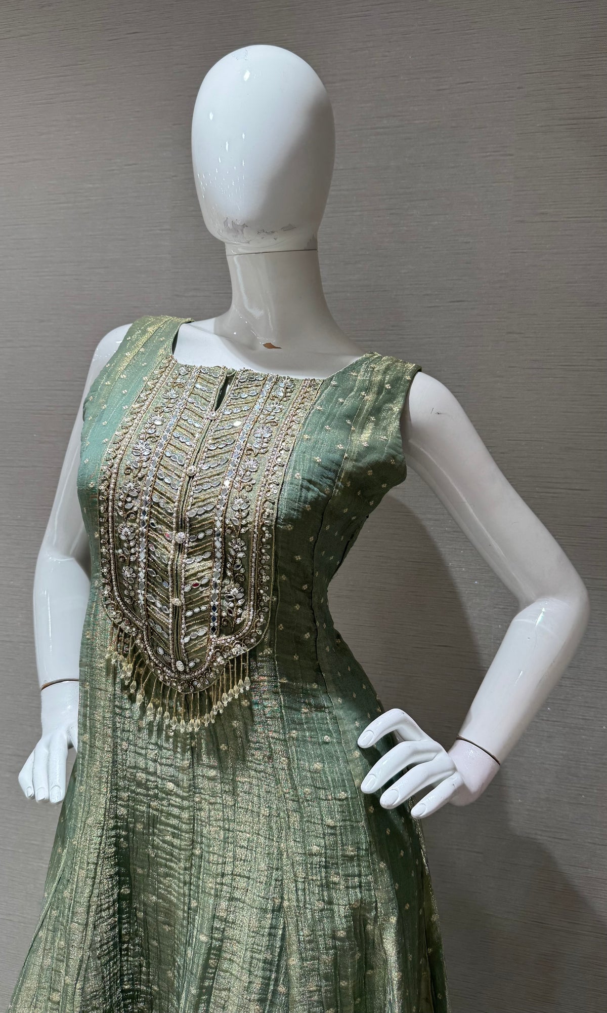 Sage Green Embroidered Tissue Silk Anarkali Set