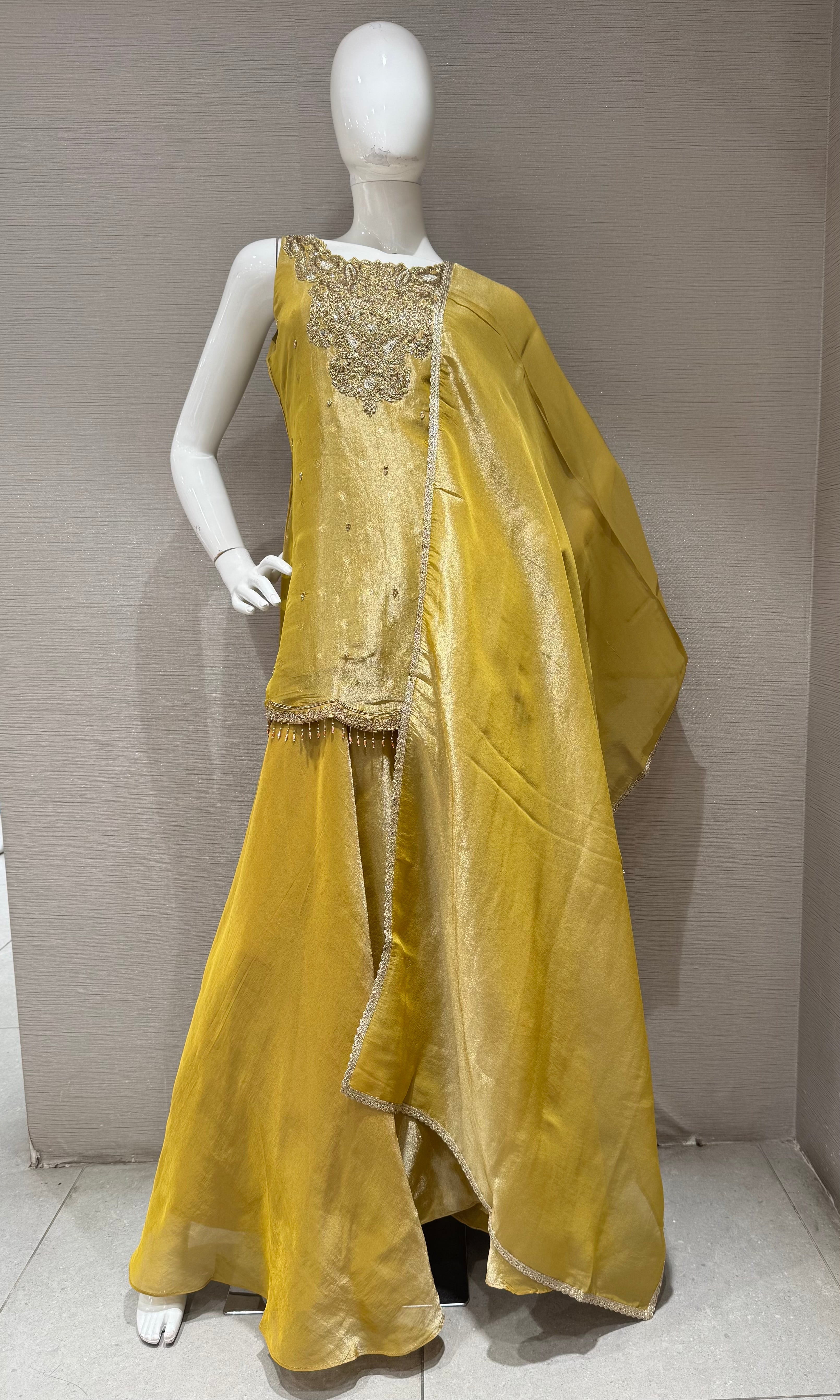 Mustard Gold Tissue silk Embroidered Sharara Set