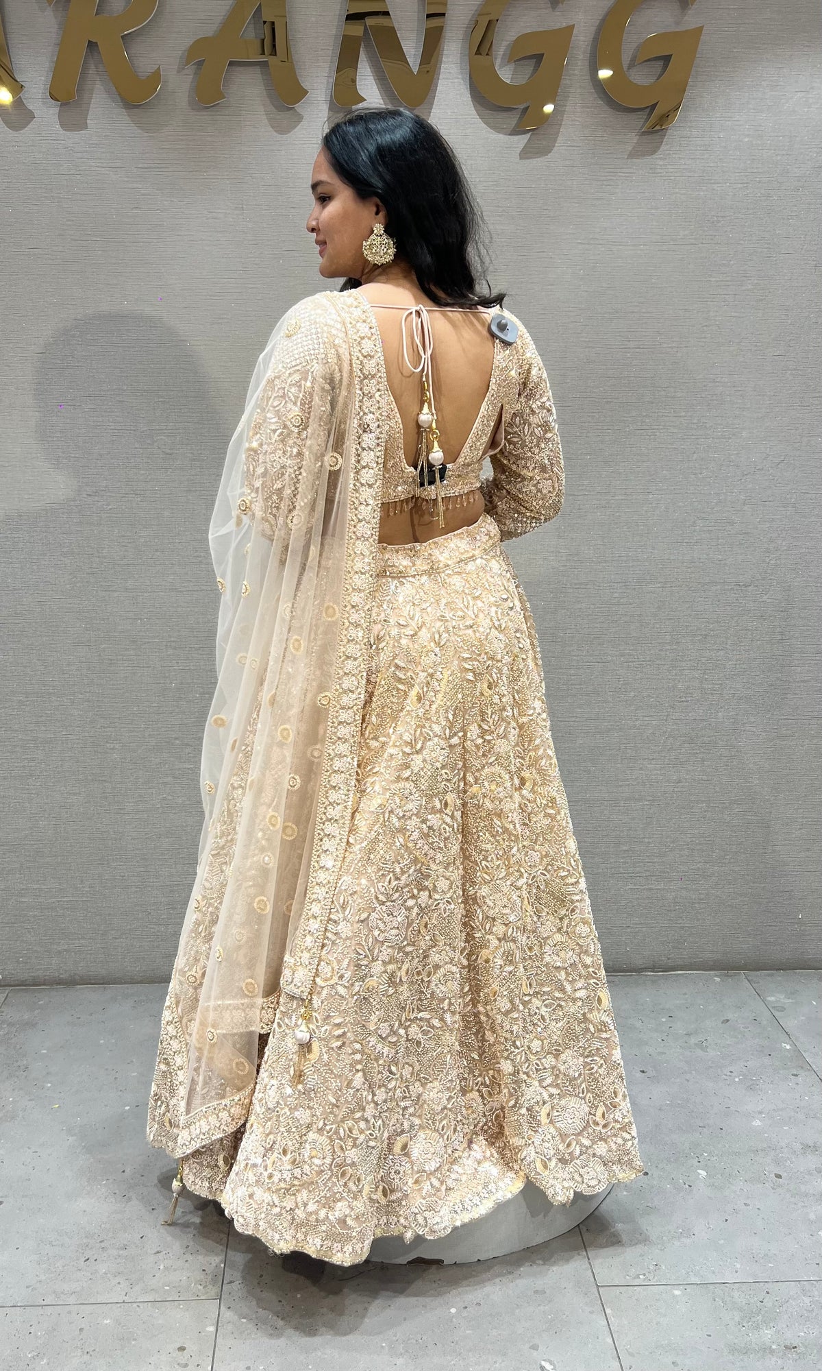 Champagne Cream Embellished Lehenga set with Sheer Dupatta