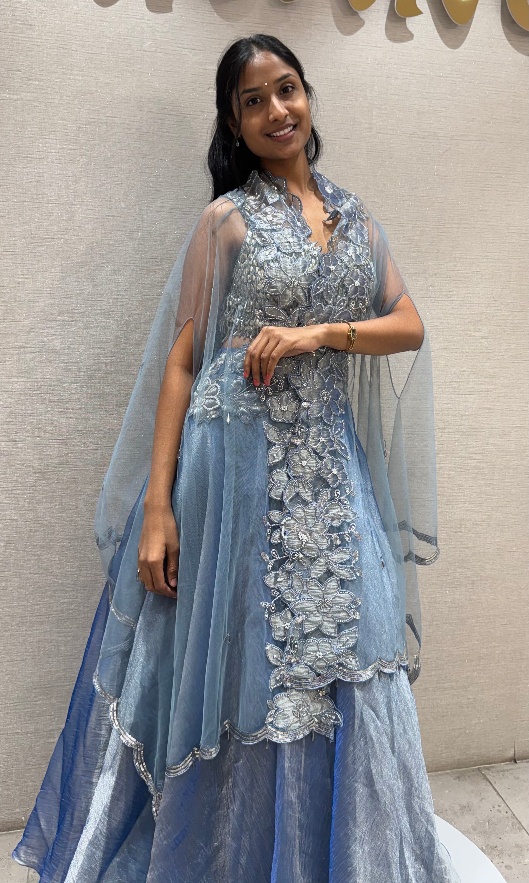 Blue embroidered Lehenga set with Silver Sequin Shrug