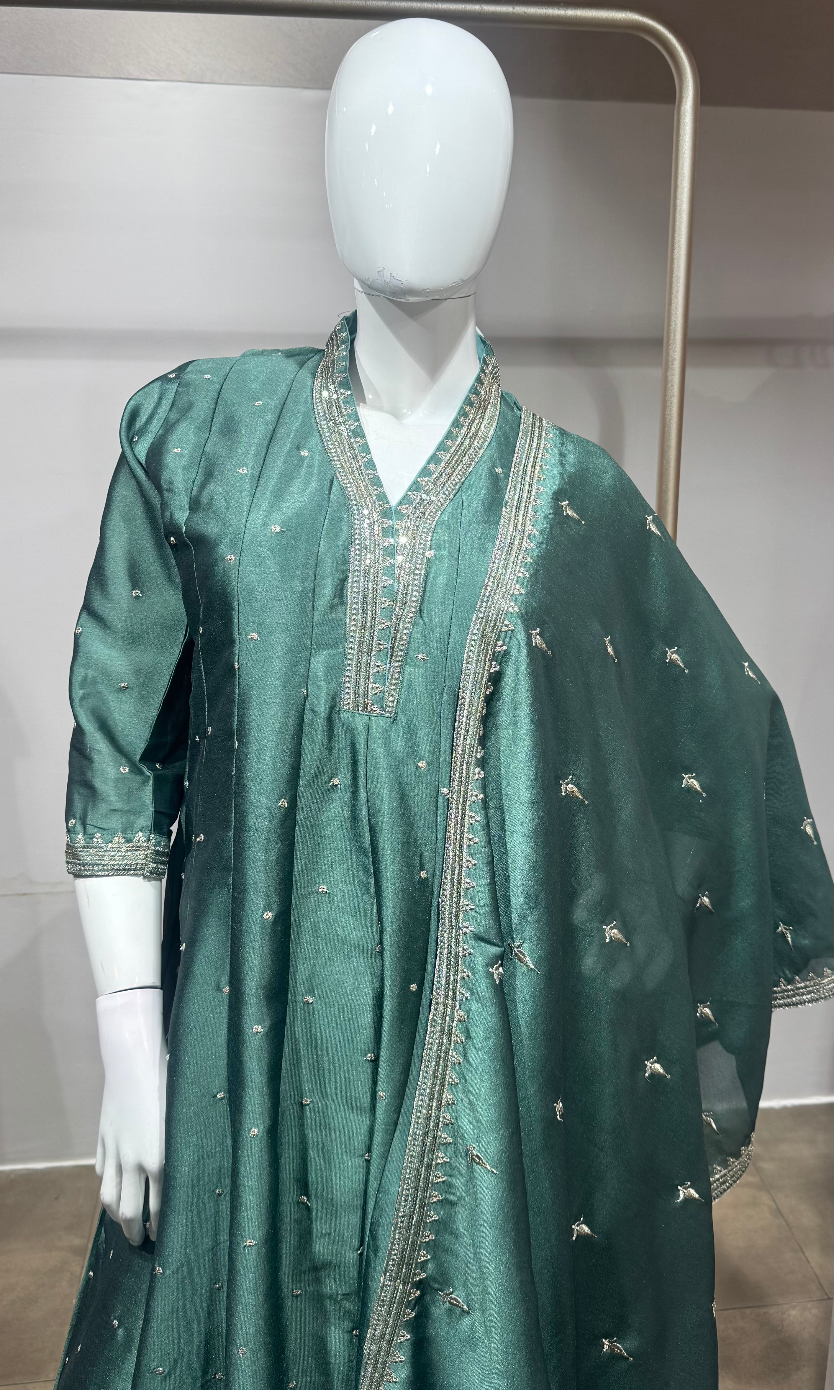 Green gold Embroidered Silk Anarkali set
