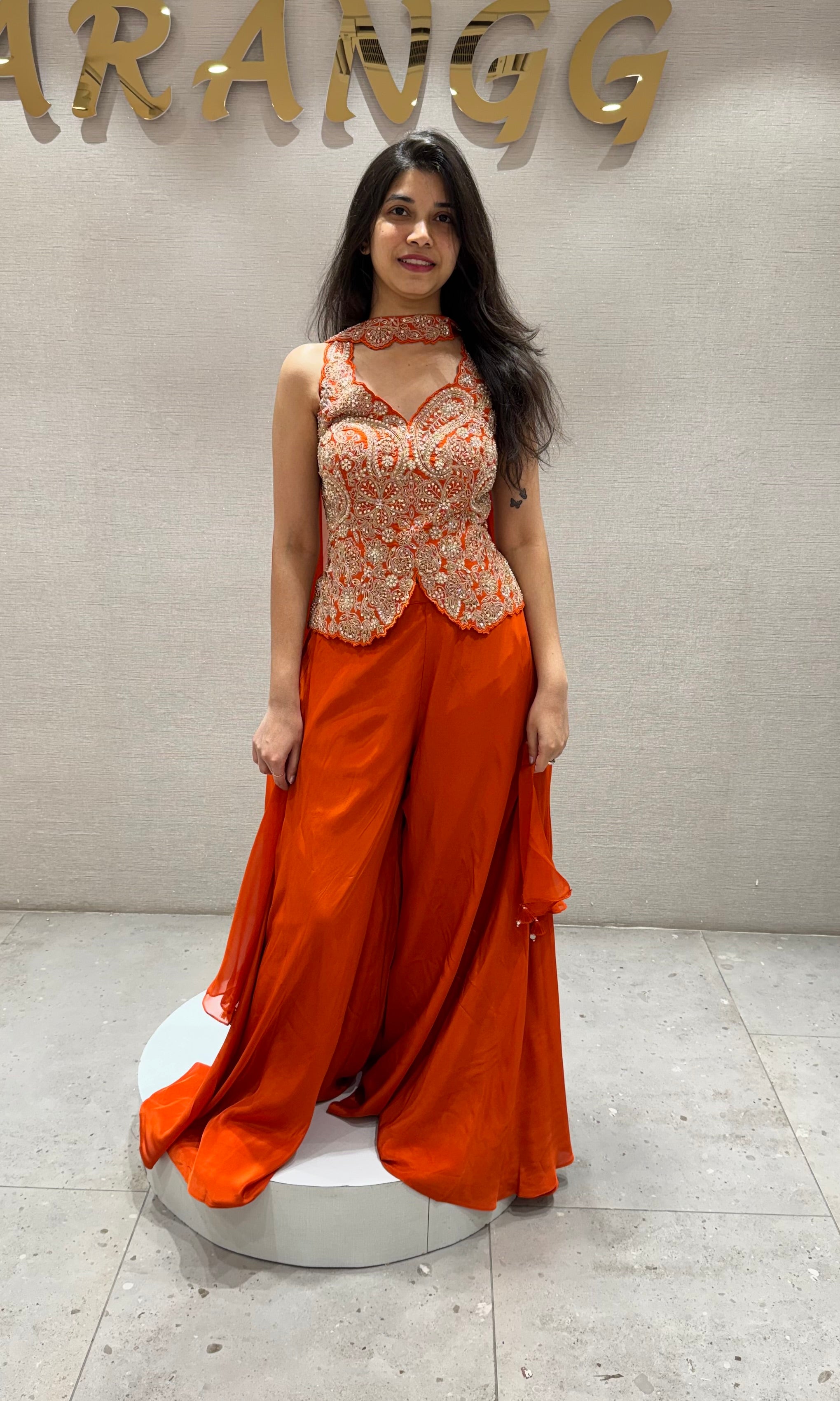 Orange EMBROIDERED PEPLUM PALAZZO SET