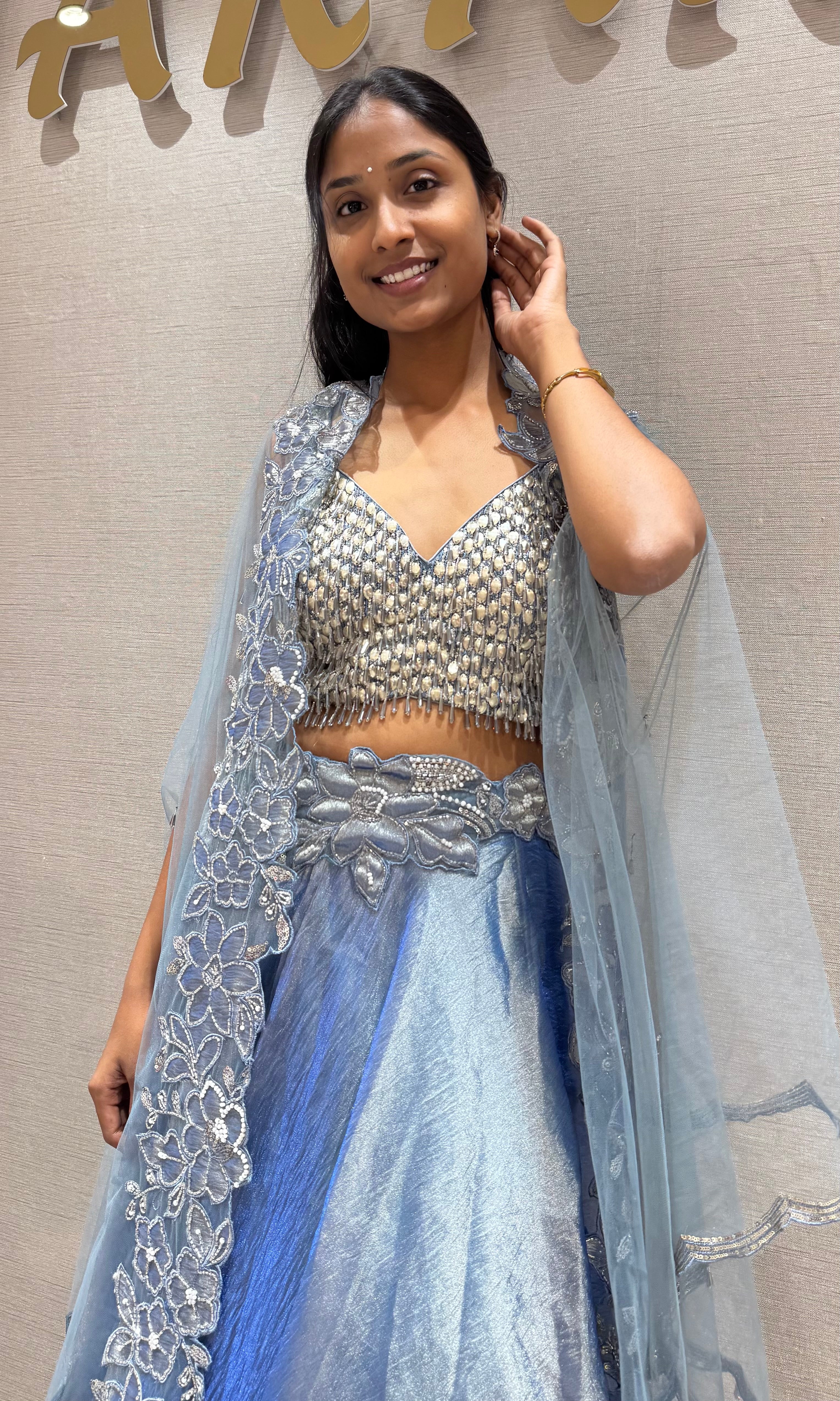 Blue embroidered Lehenga set with Silver Sequin Shrug