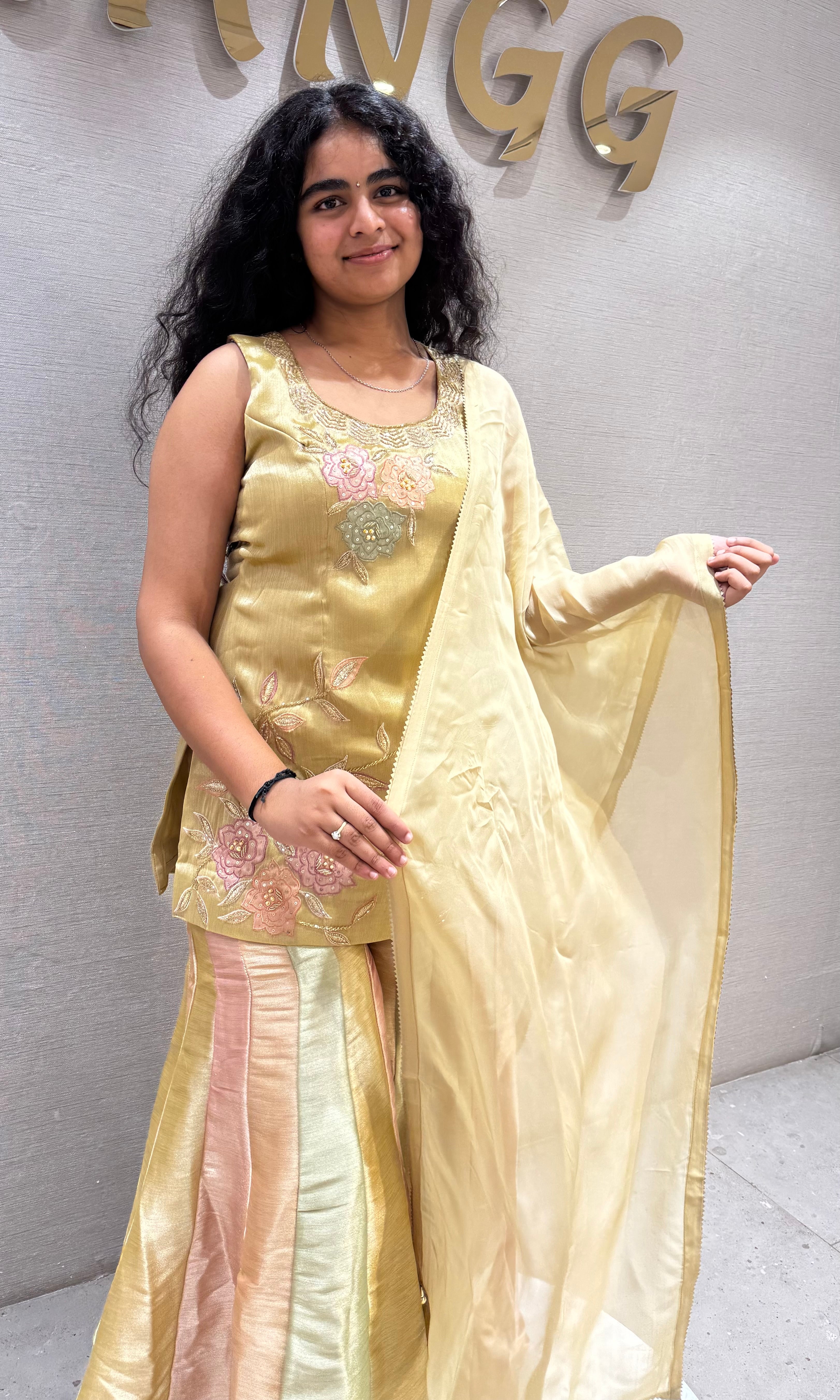 GOLD Tissue Silk Sharara with Floral Embroidery