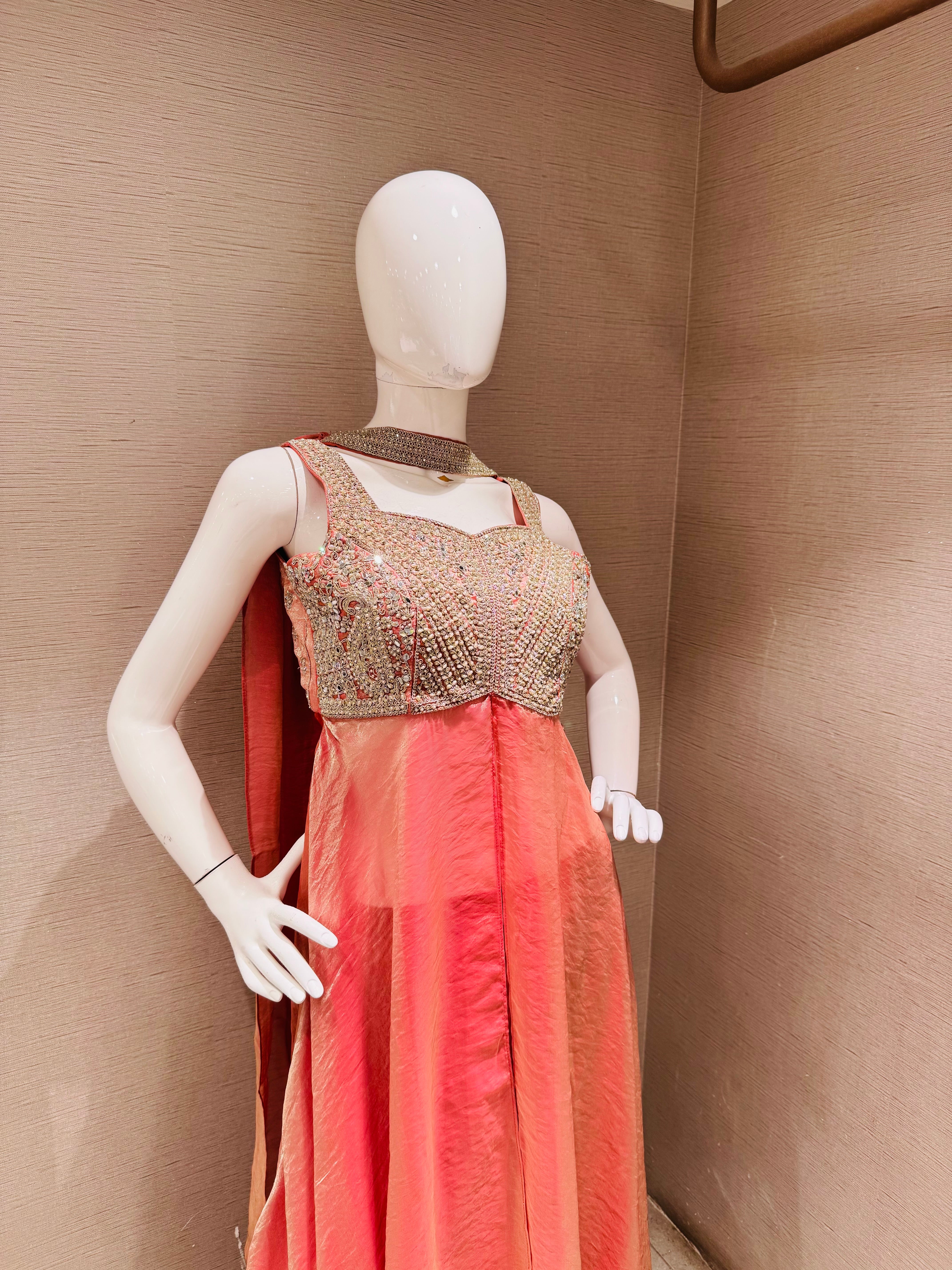 Rust embroidered shimmer tissue palazzo set