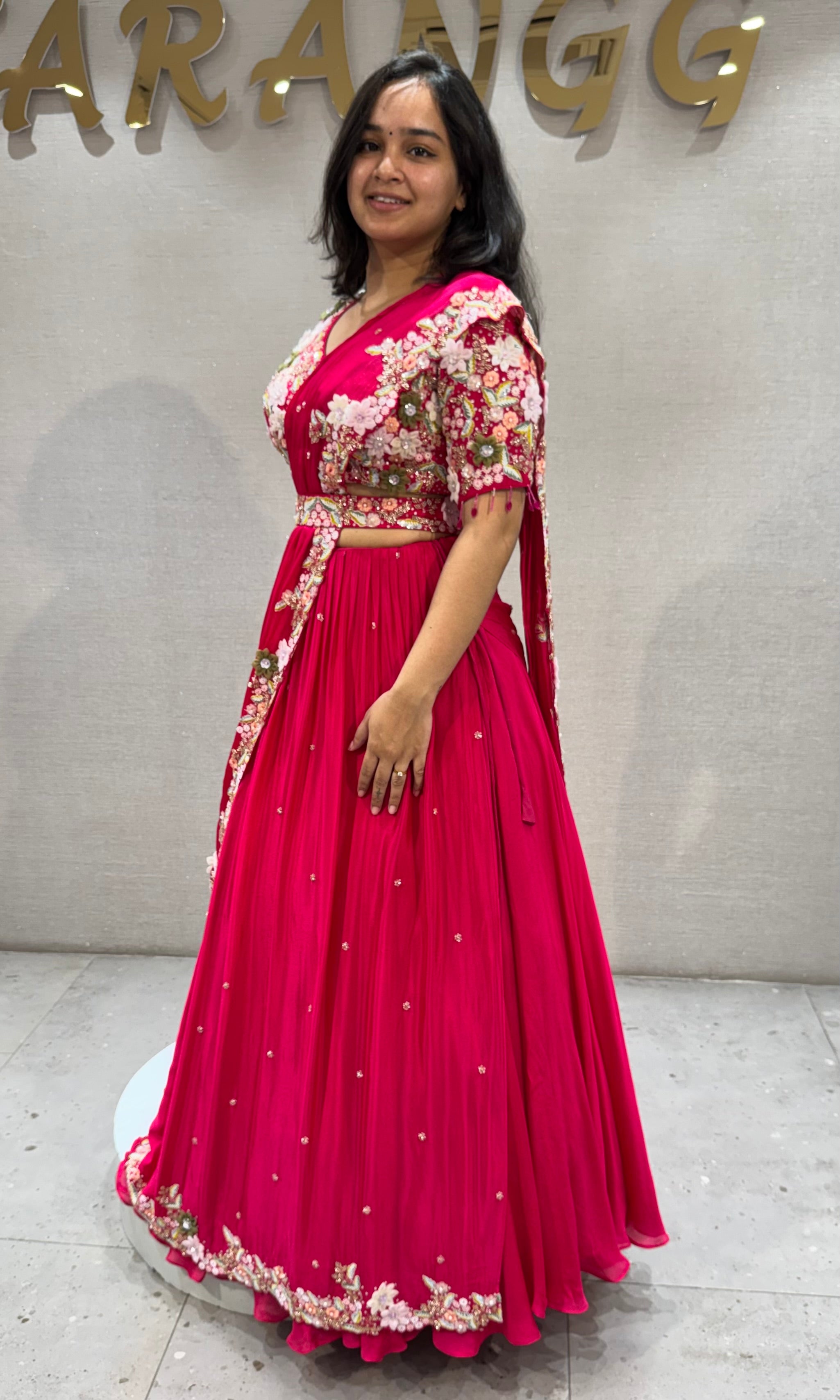 Fuchsia Georgette Pink Draped Saree with Embroidered Silk Blouse & Belt