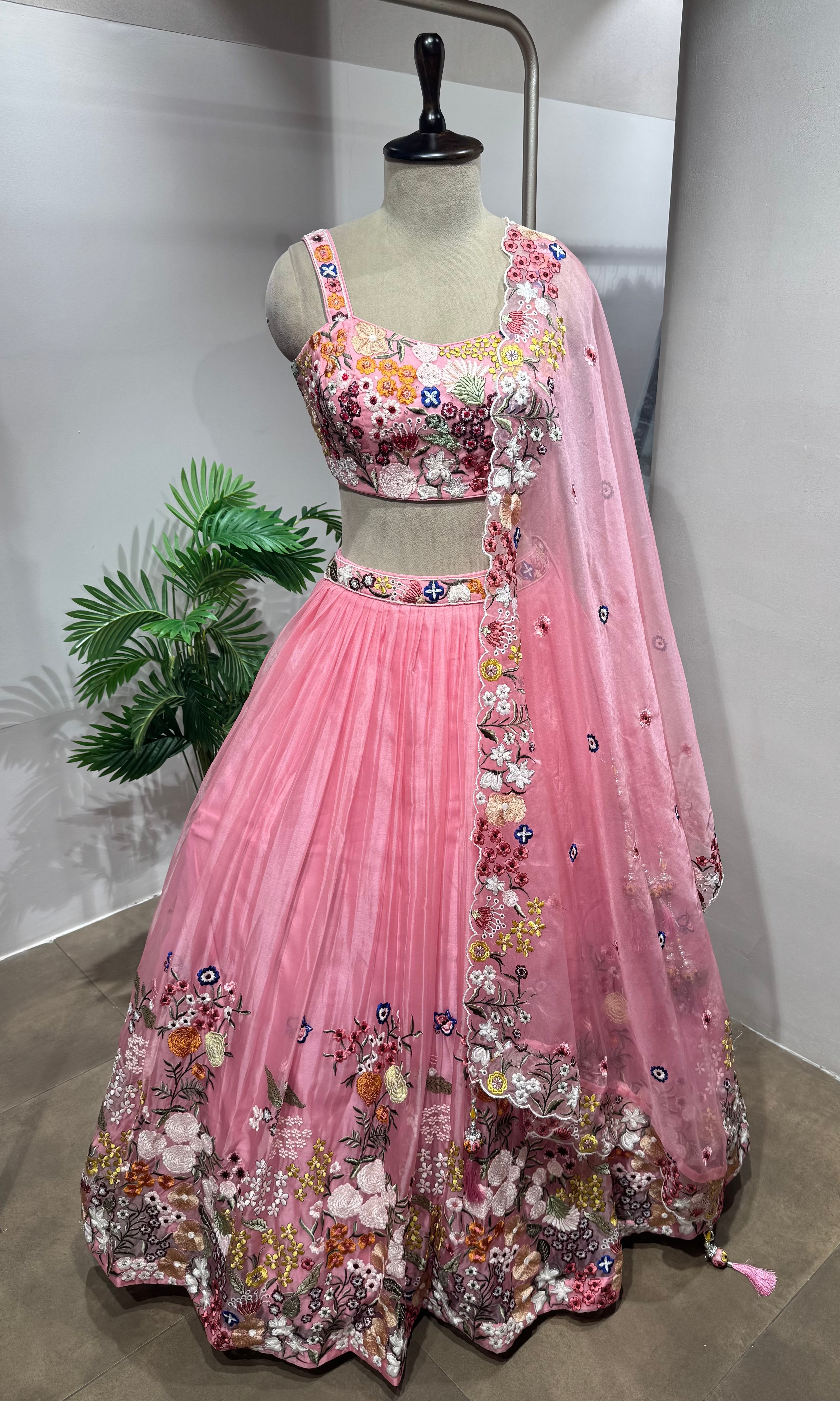 Pink floral embroidered lehenga set