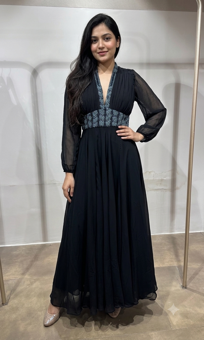 Black Georgette Gown with Silver Embroidery
