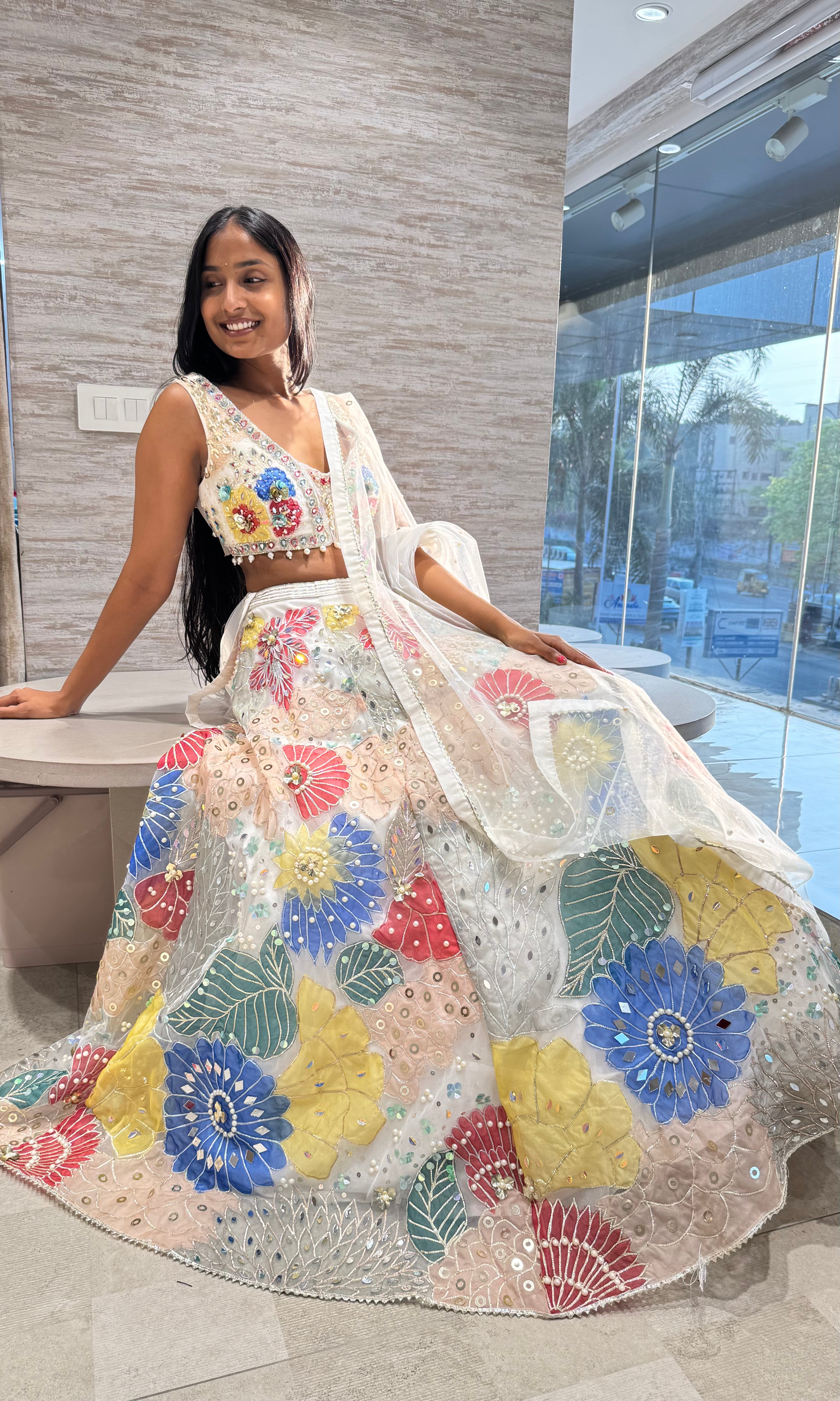 WHITE MULTI FLORAL EMBROIDERED LEHENGA
