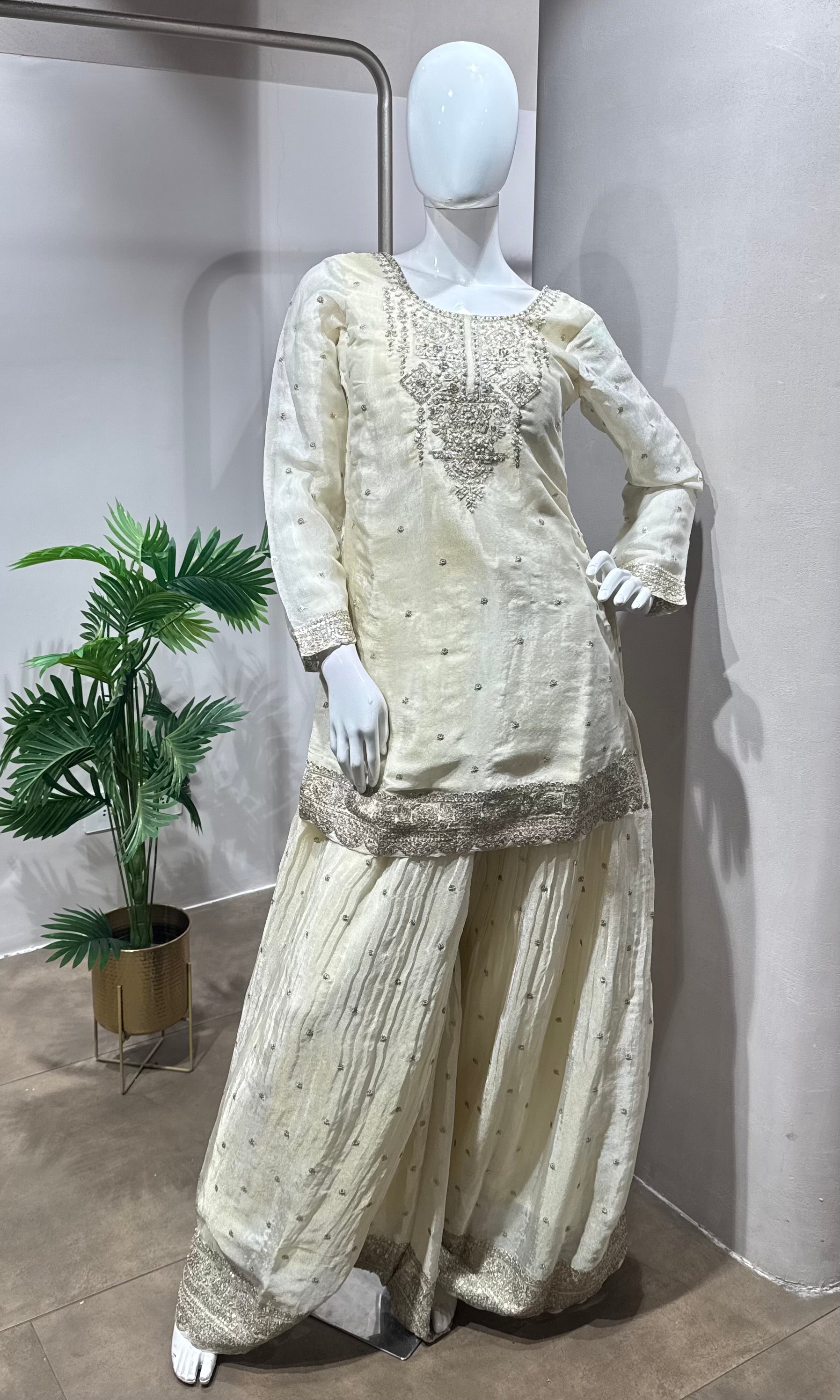 Cream Elegance Embroidered Sharara Set