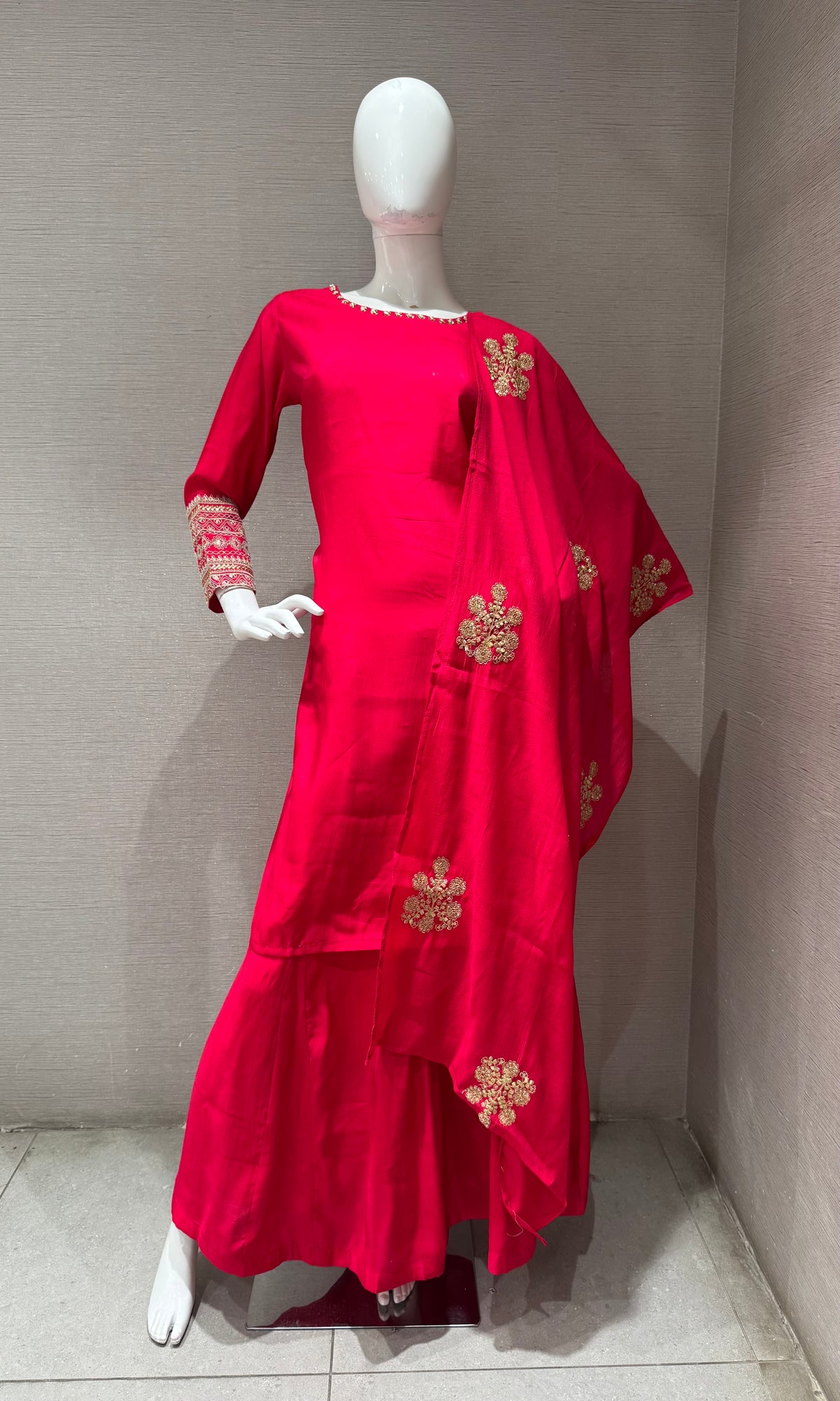 Rani silk Gold Floral Embroidery kurta set with palazzo pants & dupatta