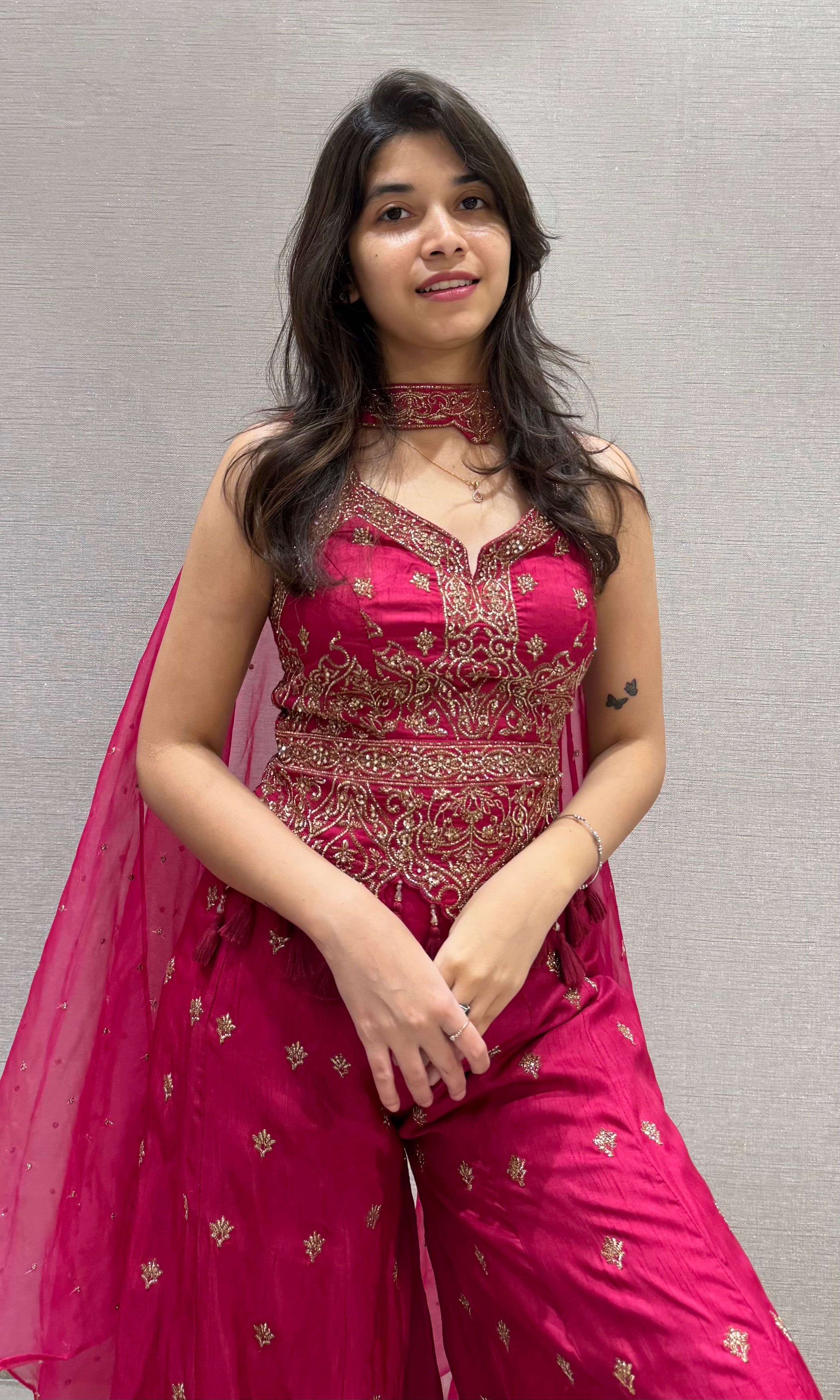 Fuchsia Pink Embroidered Peplum and Palazzo set