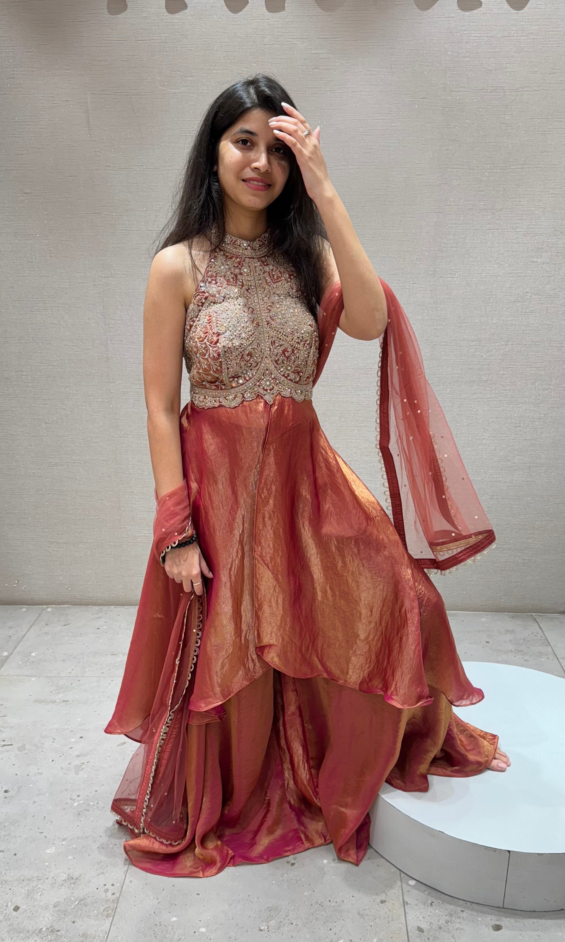 Rust ORANGE HALTER NECK A LINE CUT PALAZZO SET