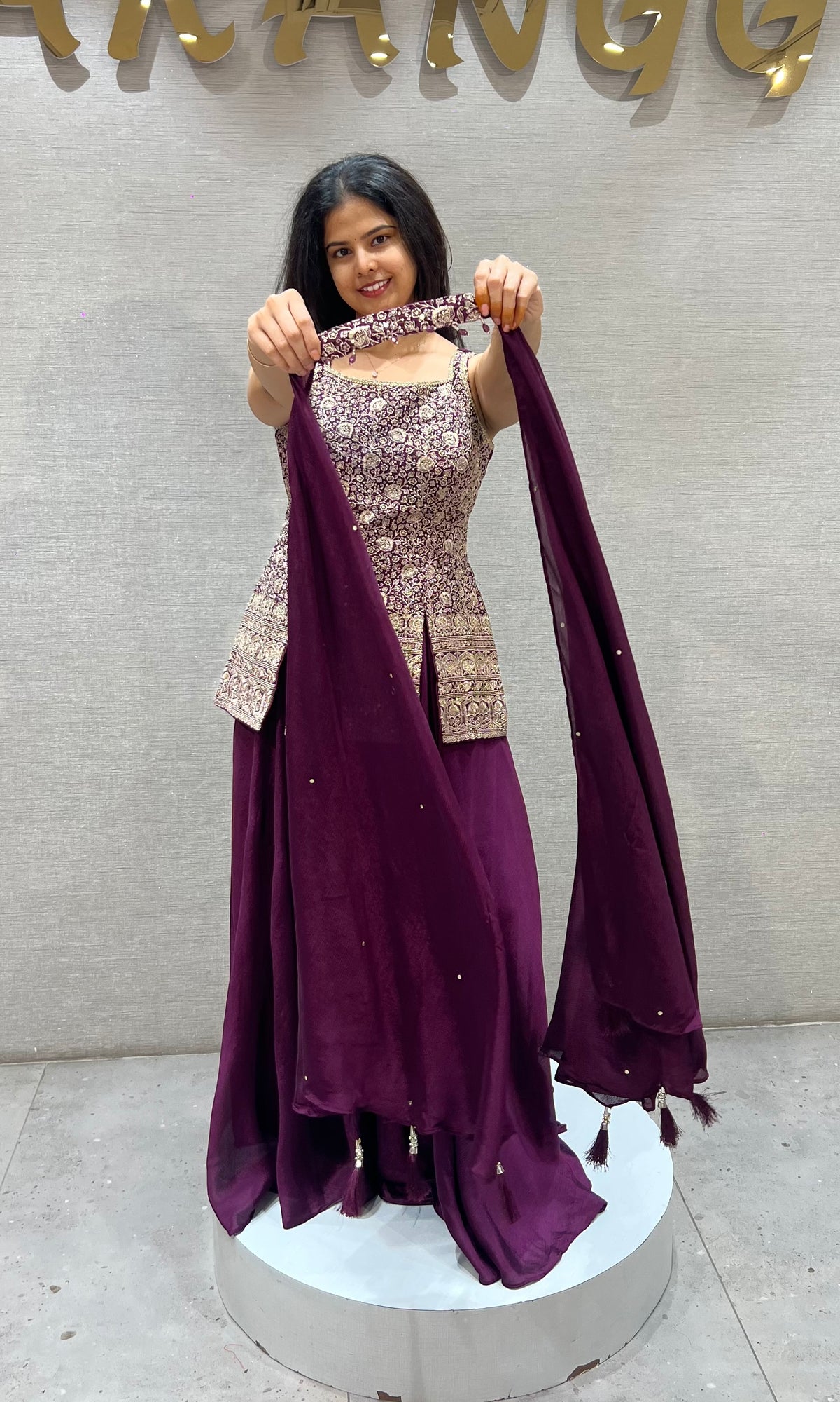 Wine silk Embellished Peplum Palazzo Set with dupatta