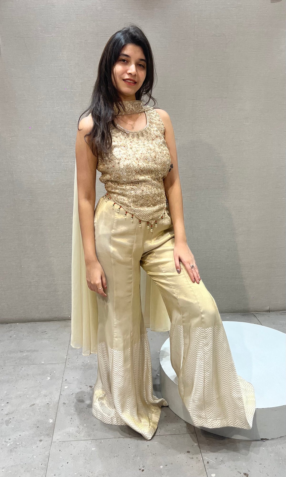 Cream Shimmer Tissue Short Blouse Palazzo Set