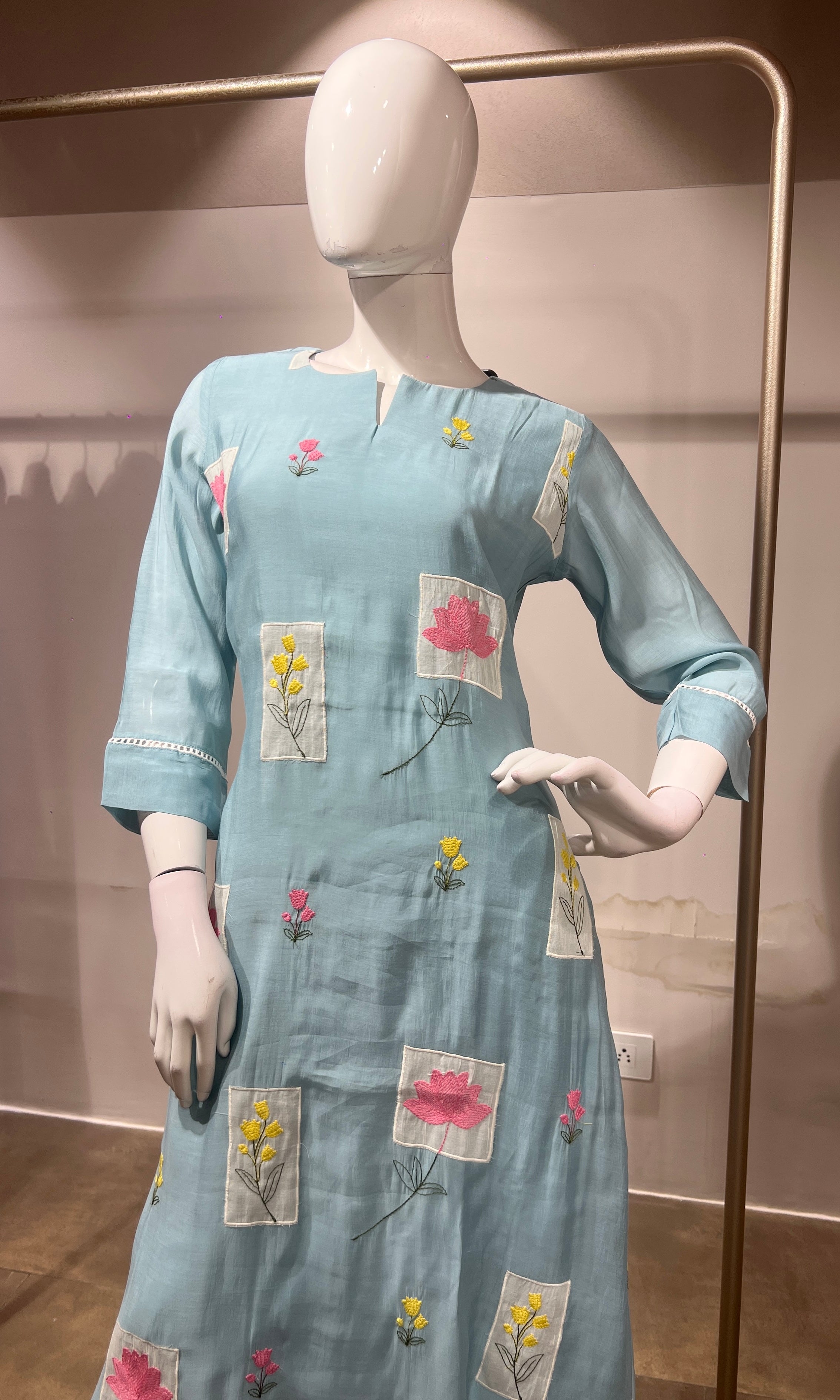 Sea Blue Patchwork Embroidered Kurta Set with Dupatta