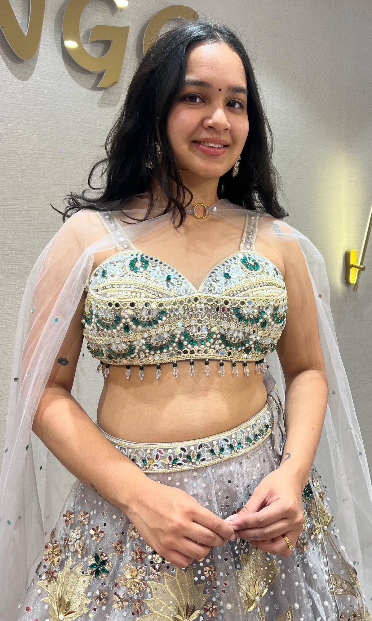 grey and gold soft net Crystal pastel bridal lehenga set