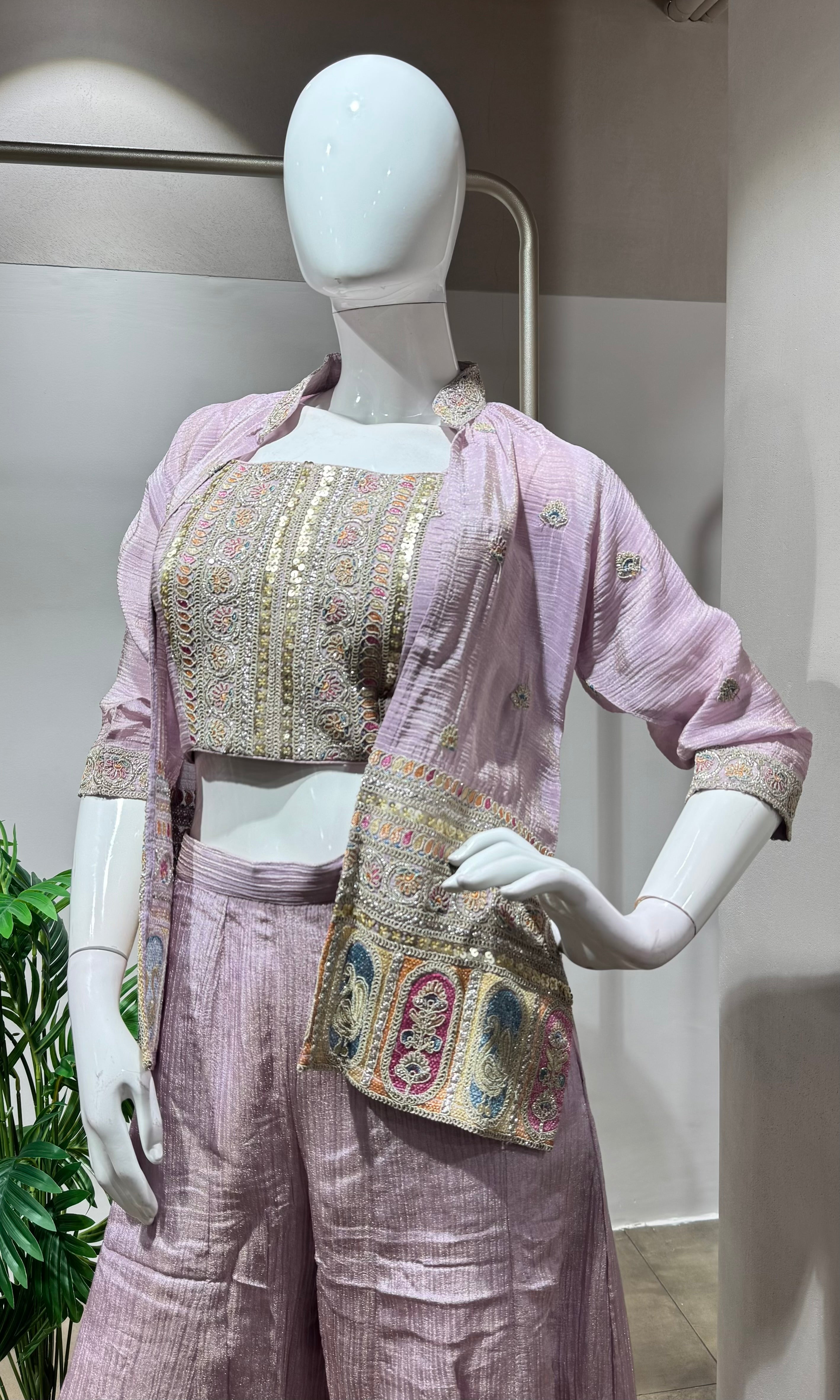 Light purple crop top palazzo with jacket