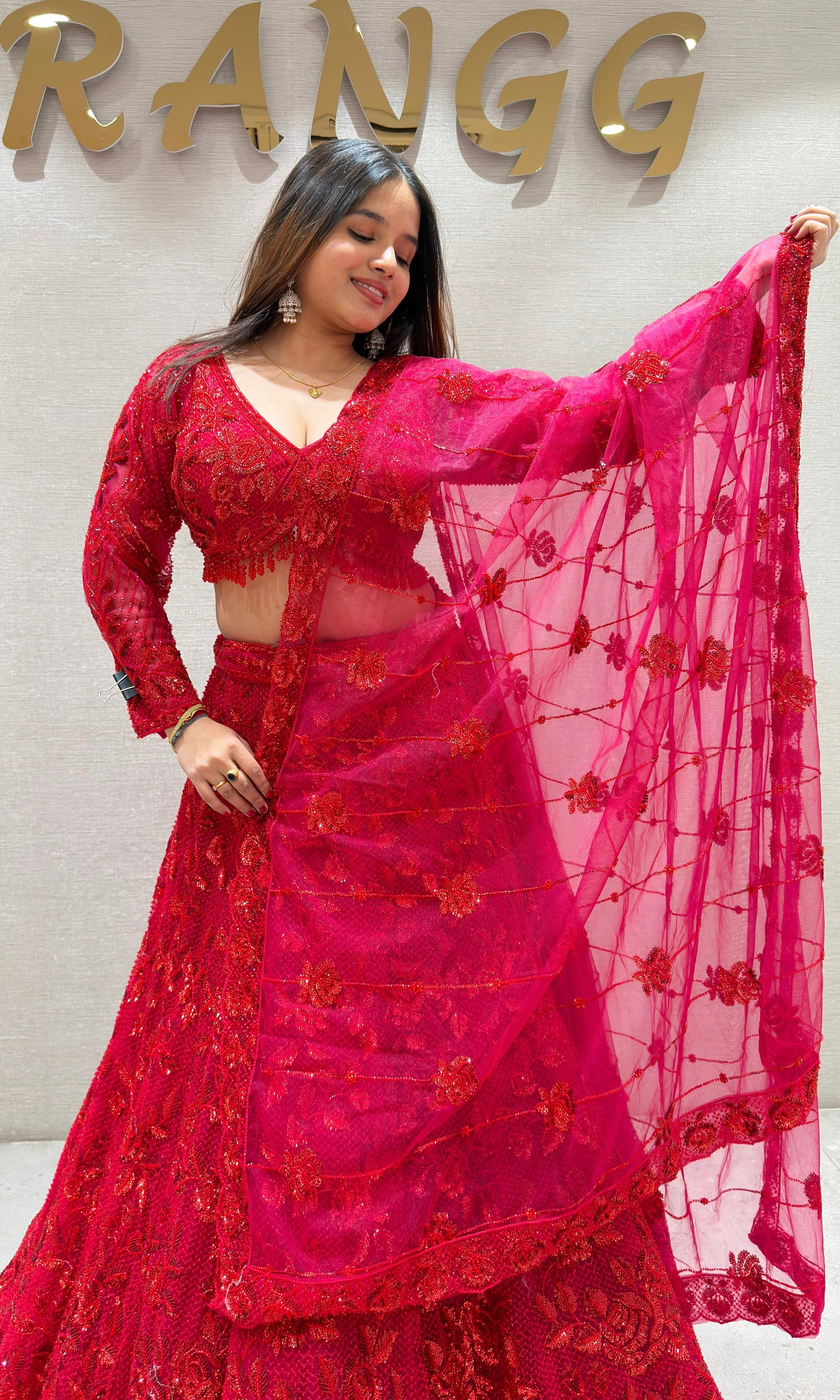 Red FLORAL EMBROIDERED Lehenga