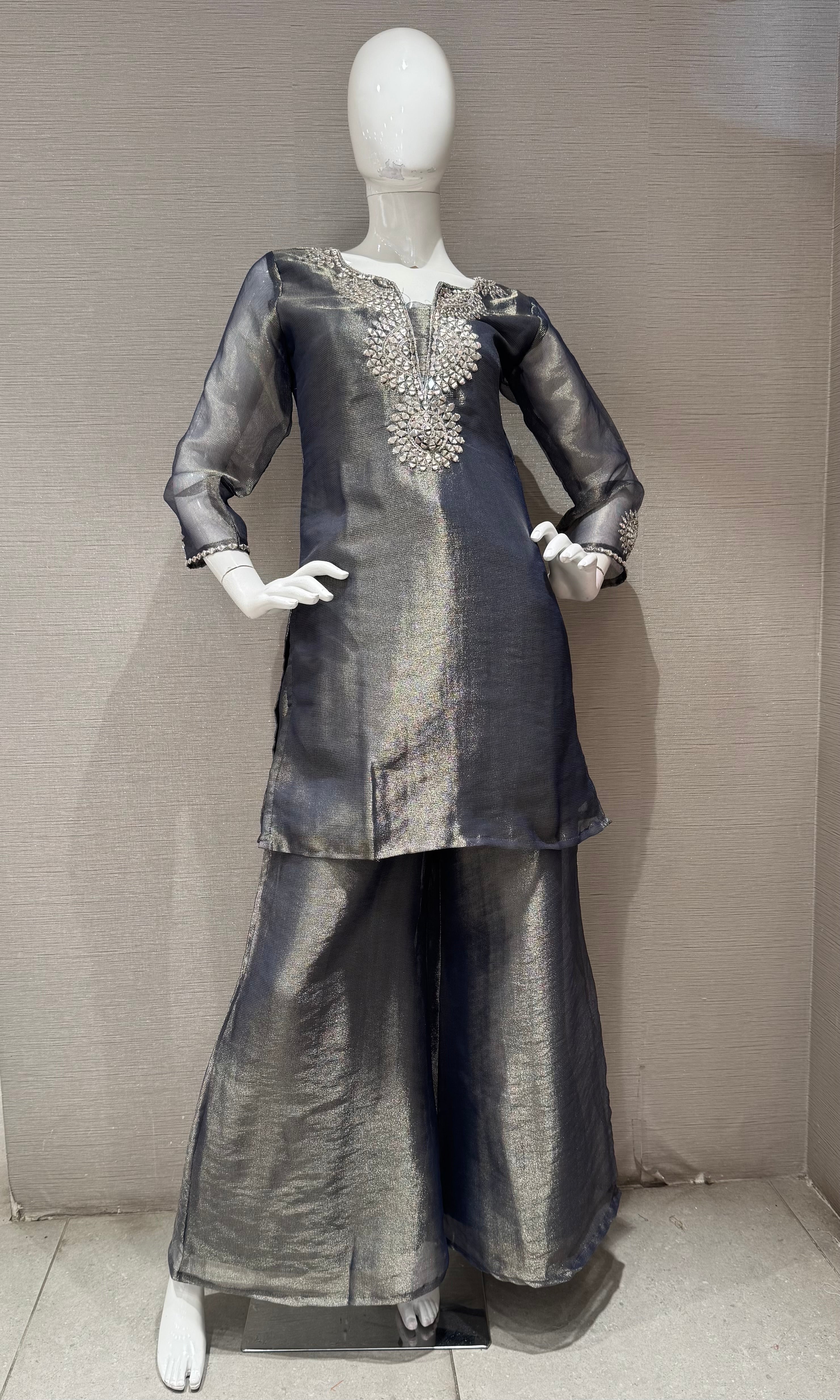 Grey Shimmering Silver Embellished Palazzo