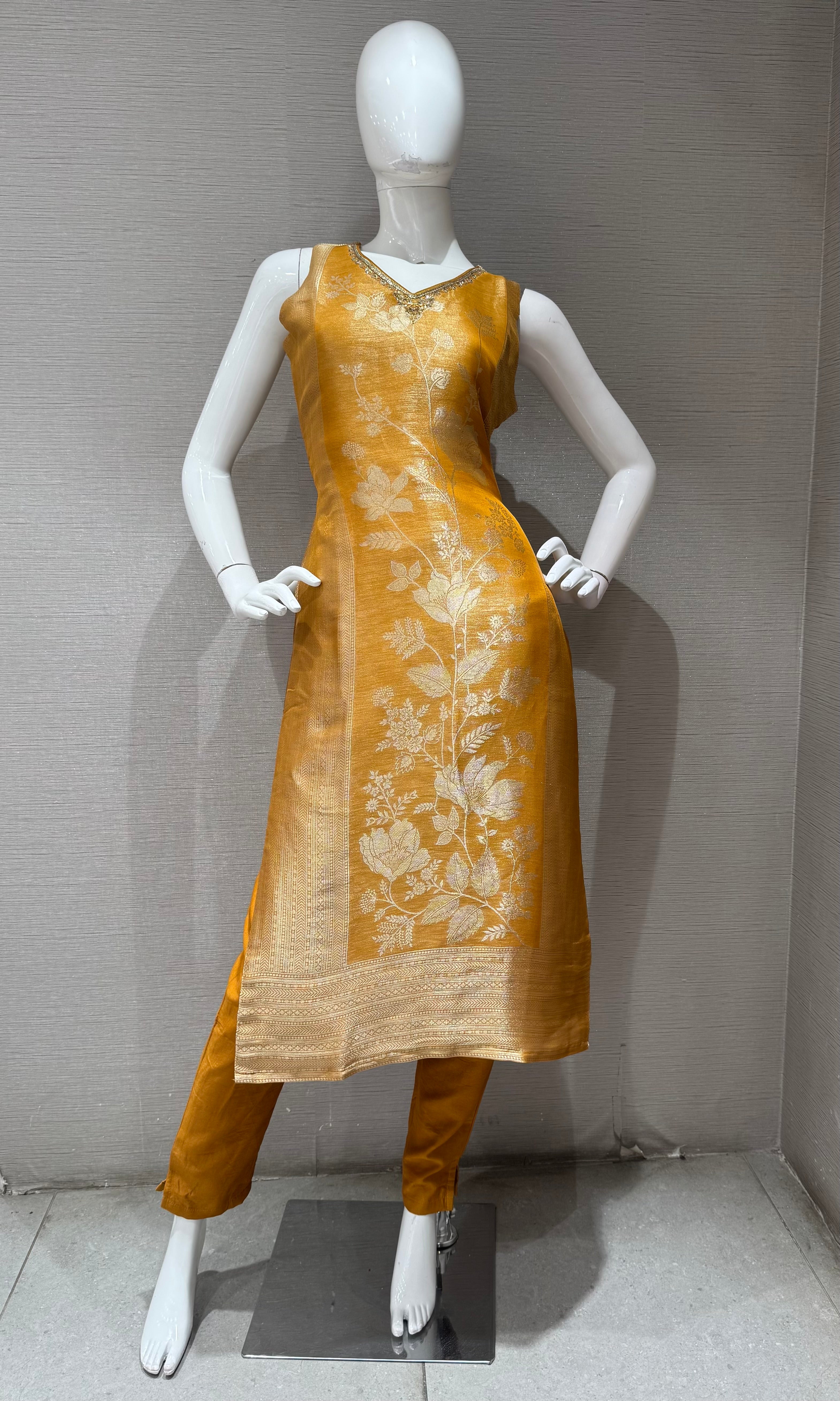Mustard yellow Banarasi Kurta set with Matching Dupatta
