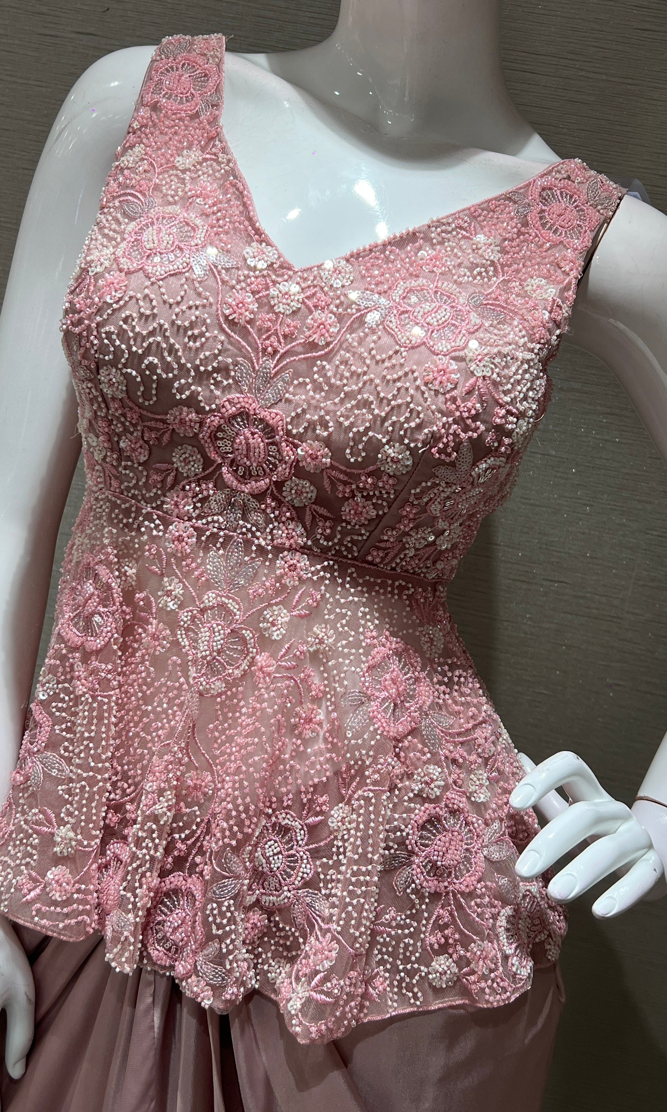 Baby pink EMBROIDERED PEPLUM BLOUSE WITH SKIRT