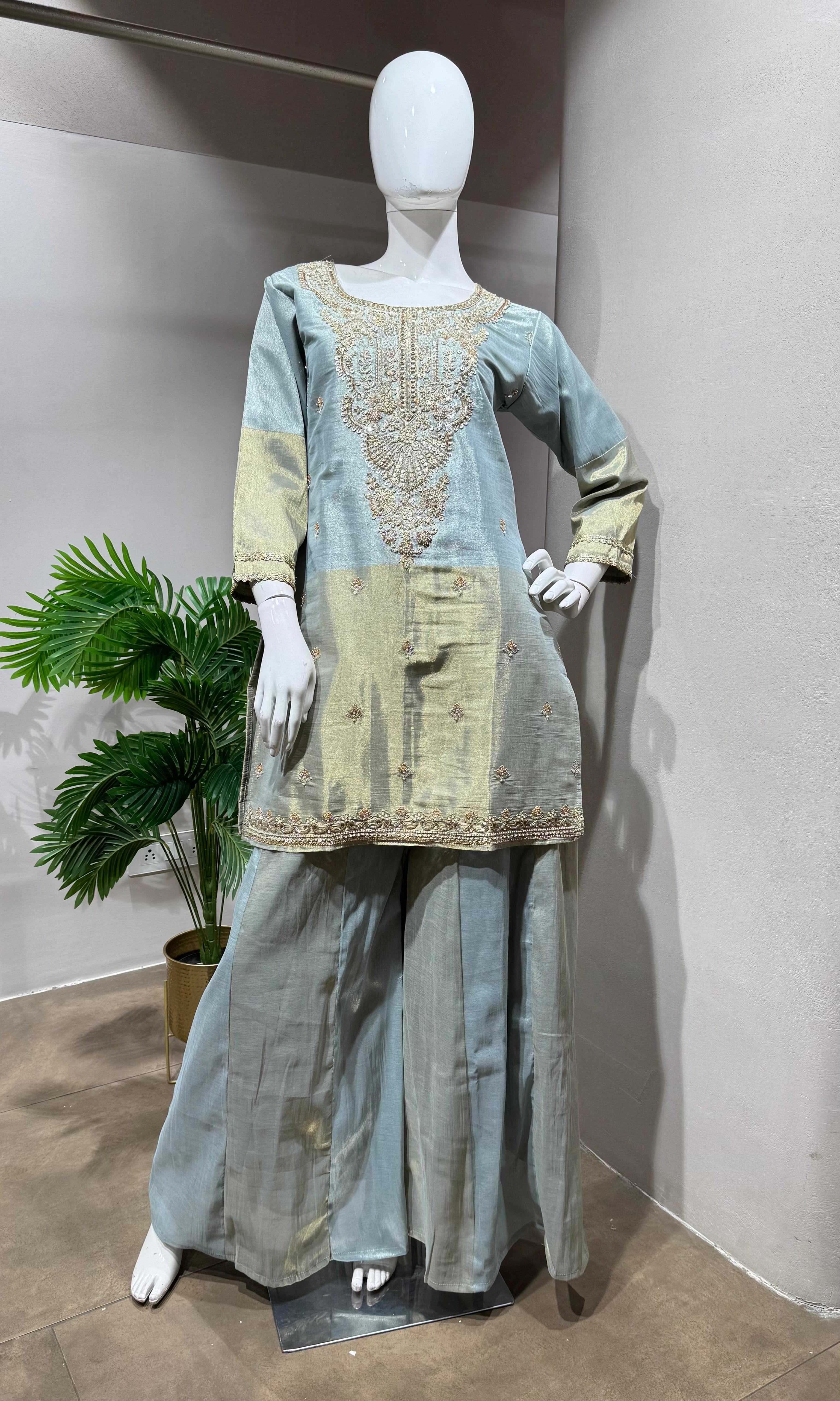 Grey & Gold Embroidered Festive Sharara Set