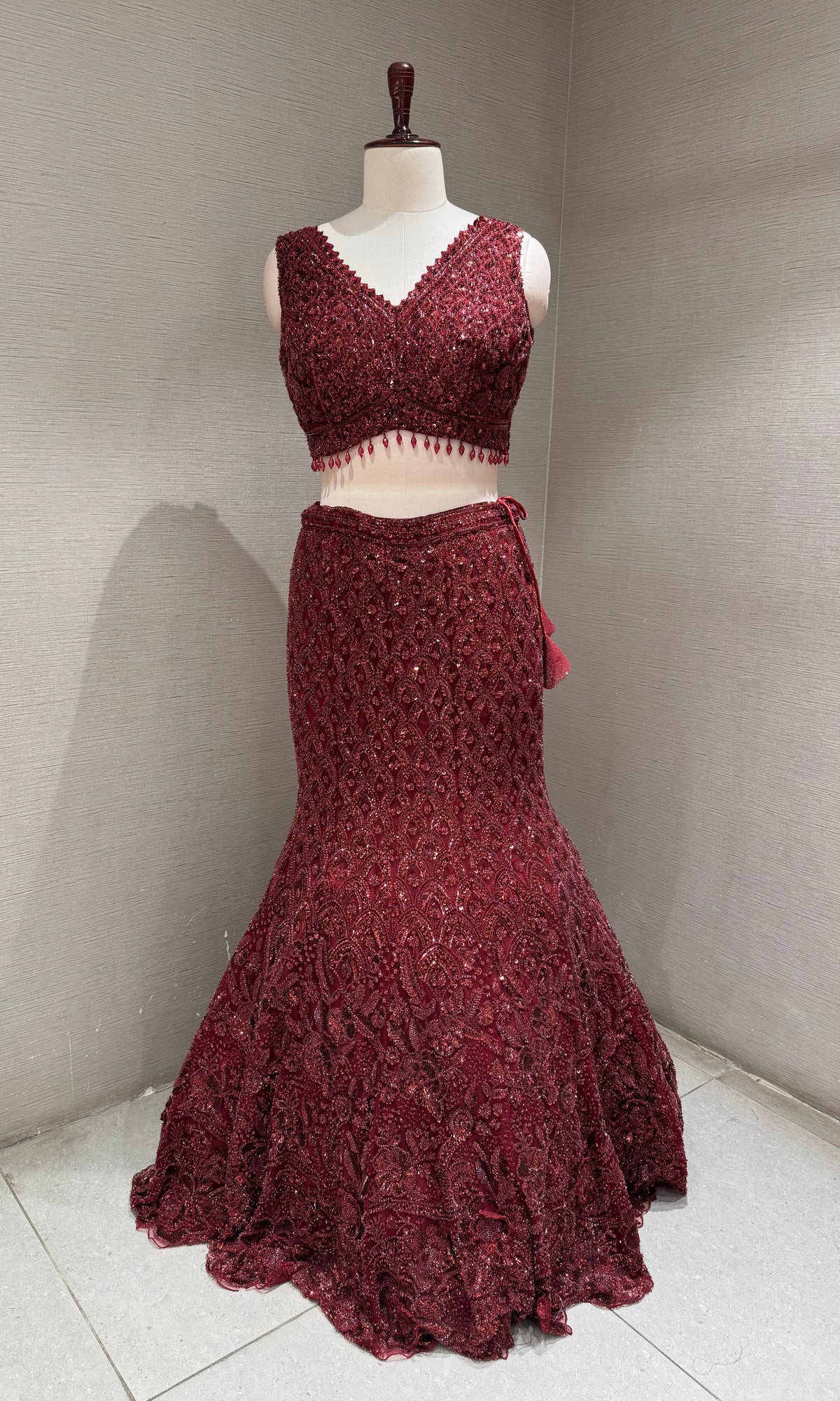 Wine Embroidered fish cut Lehenga Set with Sheer Dupatta