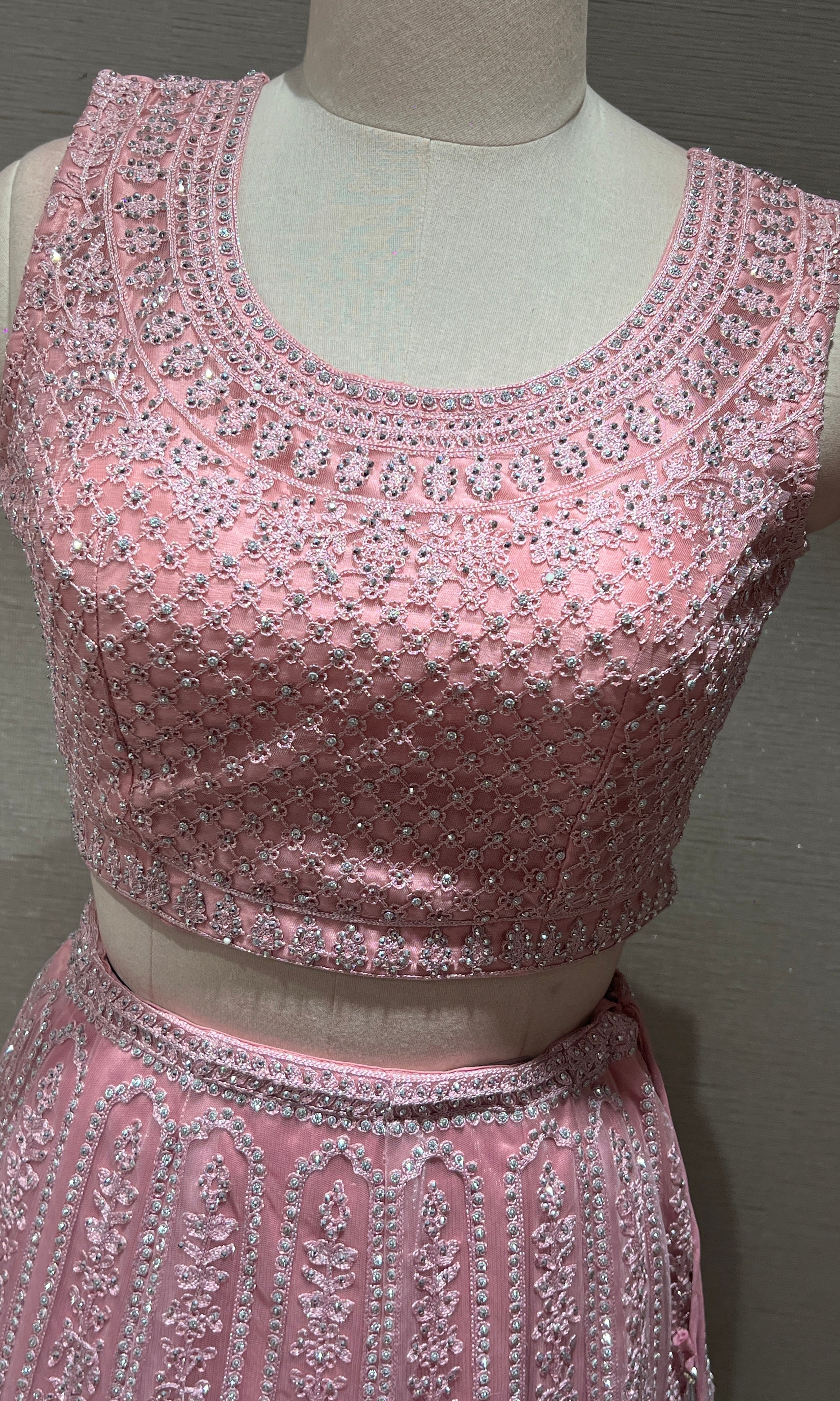 blush pink net intricate embroidered Lehenga
