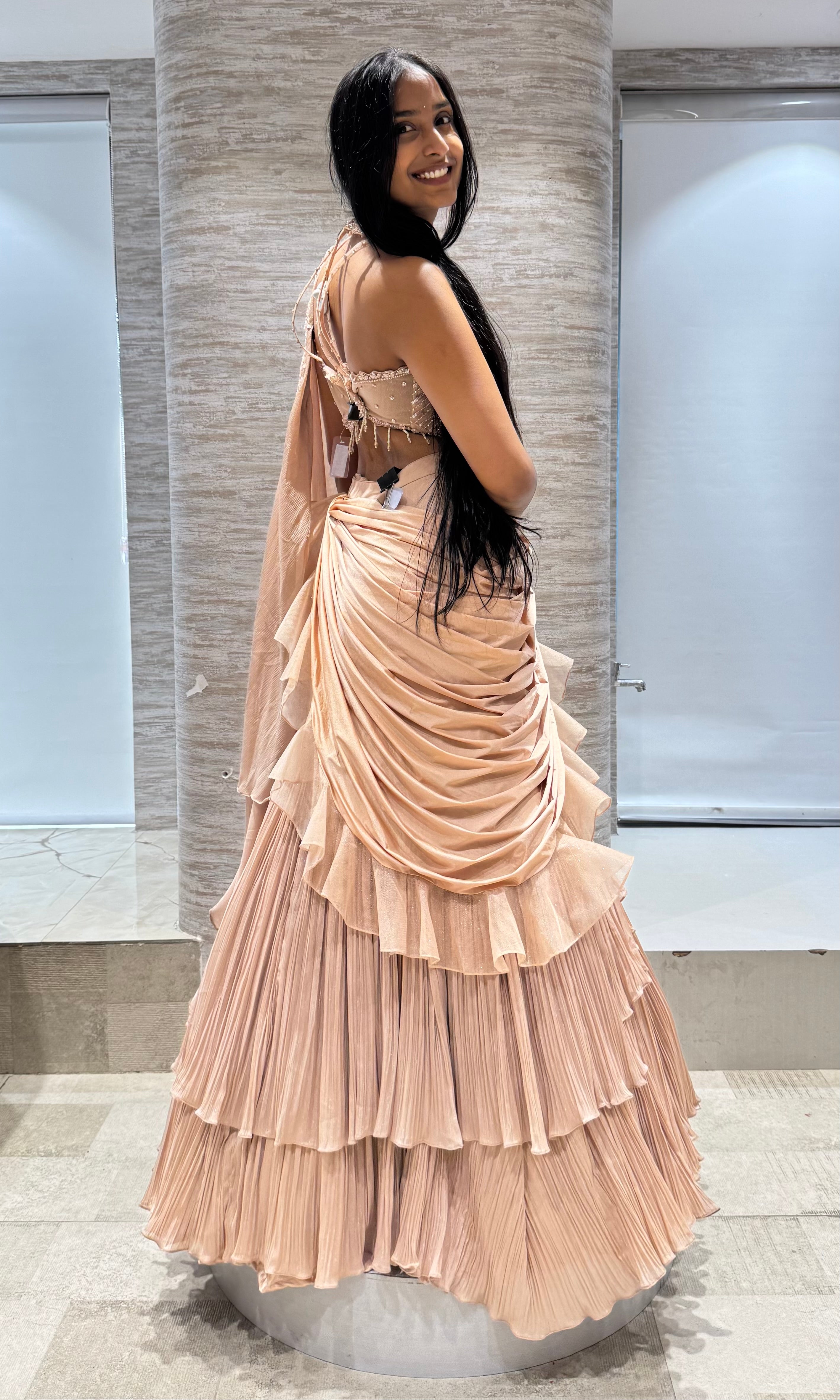 GOLD RUFFLE LEHENGA WITH HALTER NECK BLOUSE