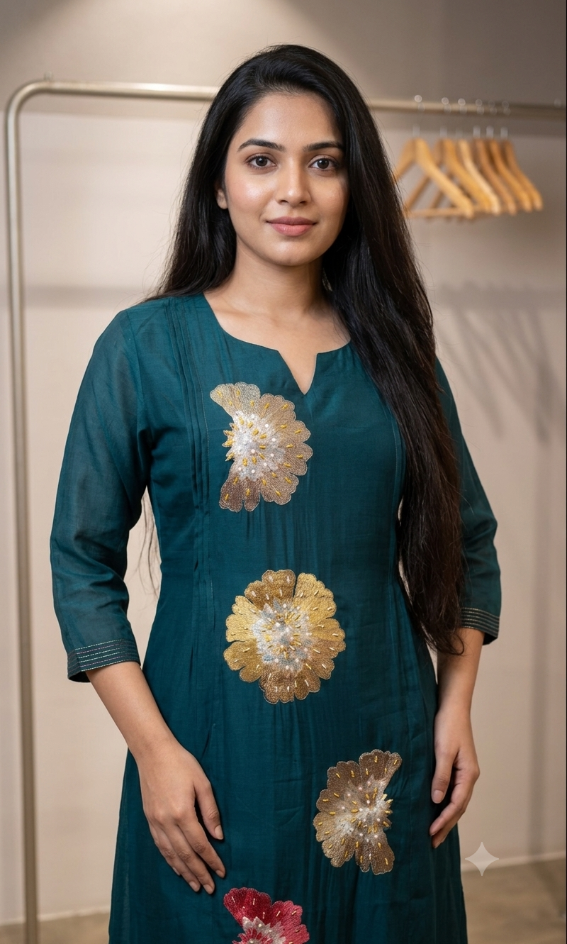 Teal Blue floral printed kurta set