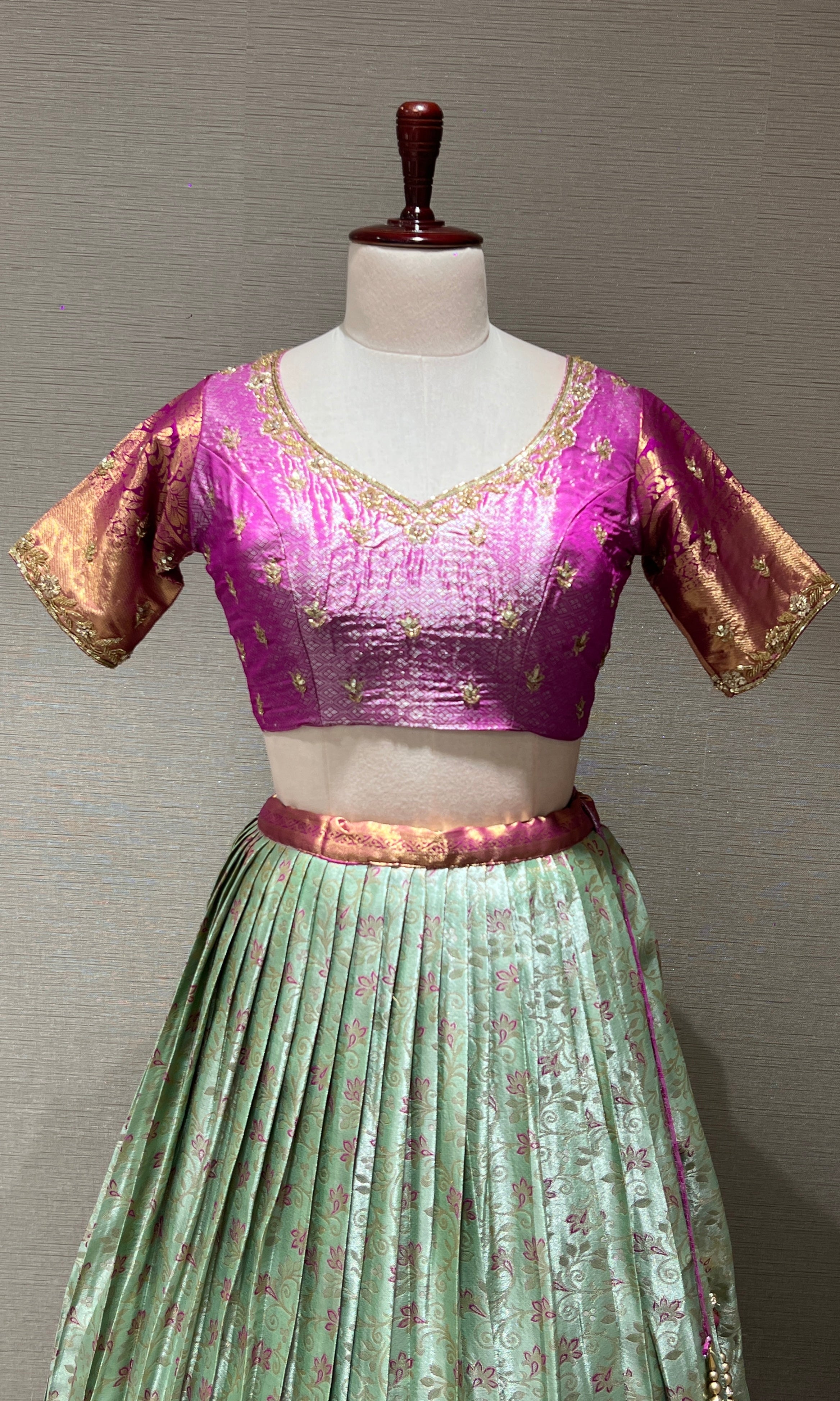 pink Lehenga with Pastel Mint Floral Weave