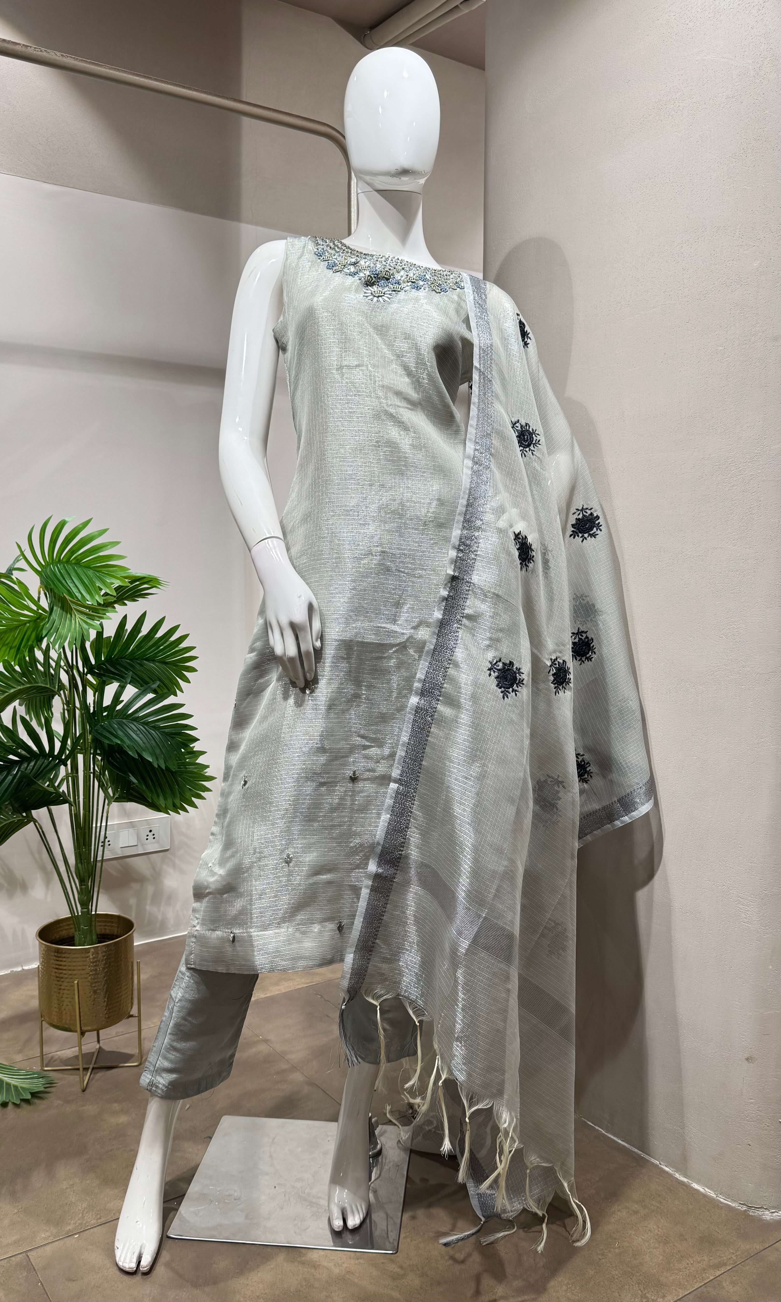 Grey Embroidered Chanderi Salwar KURTA Set