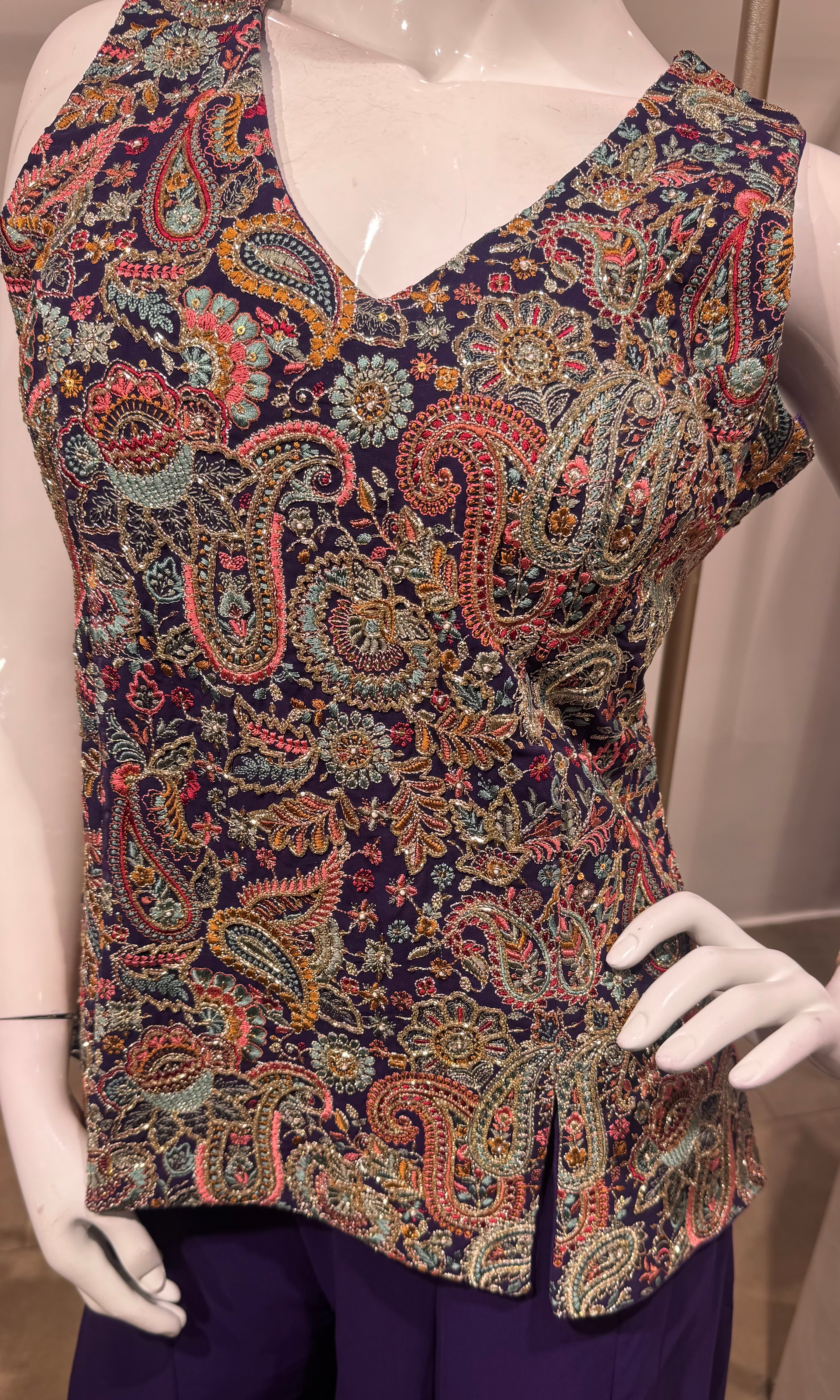 Purple embroidered georgette palazzo set
