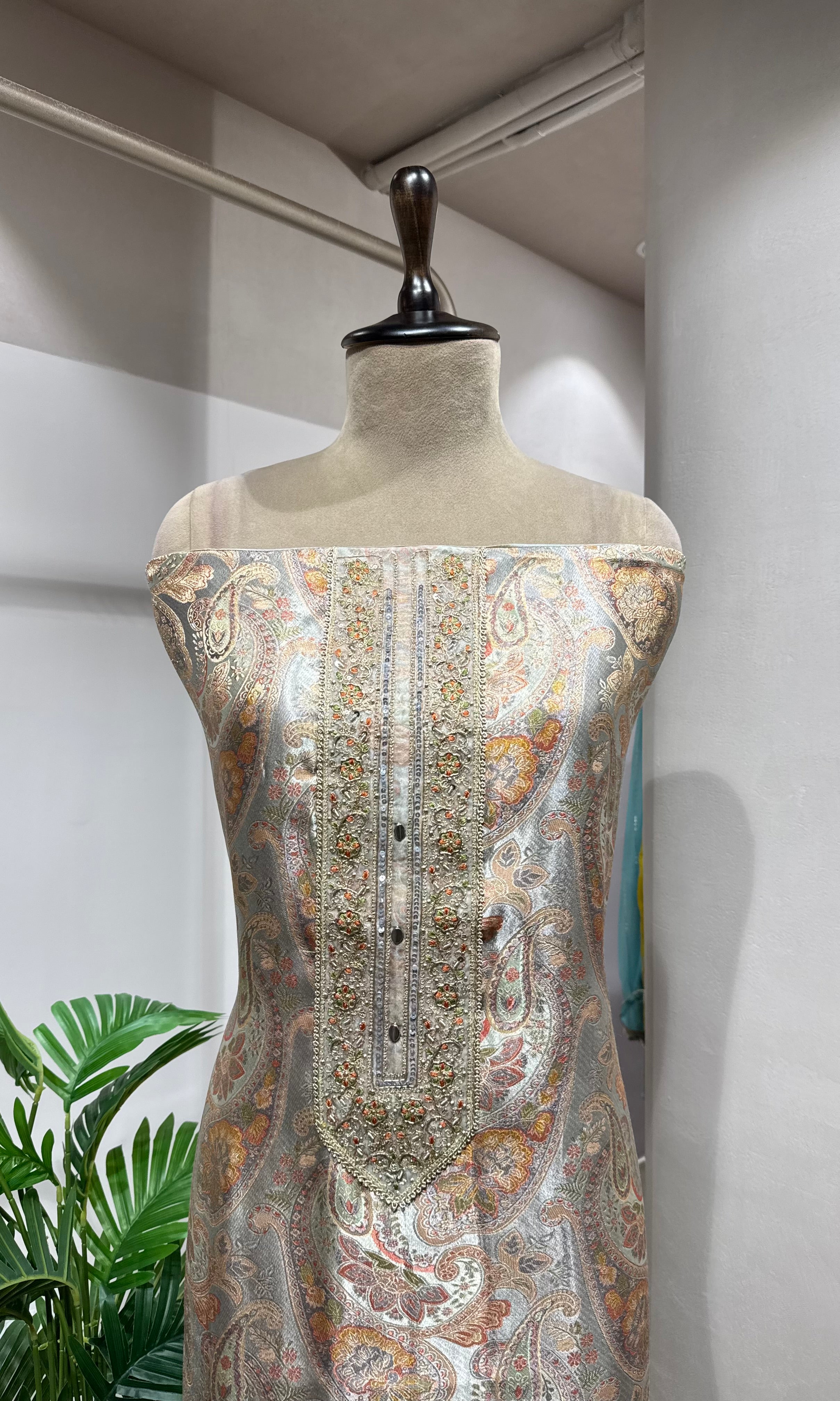 GREY BANARASI SILK DRESS MATERIAL