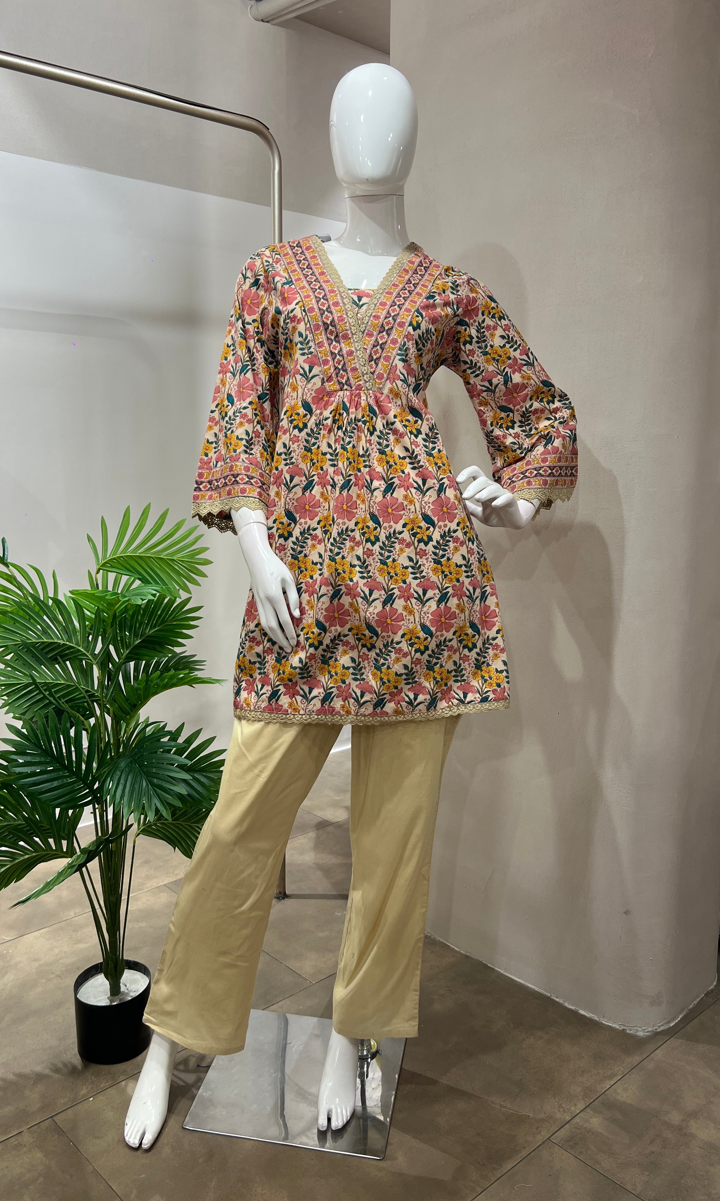 Half white FLORAL KURTI  WITH BOTTOM