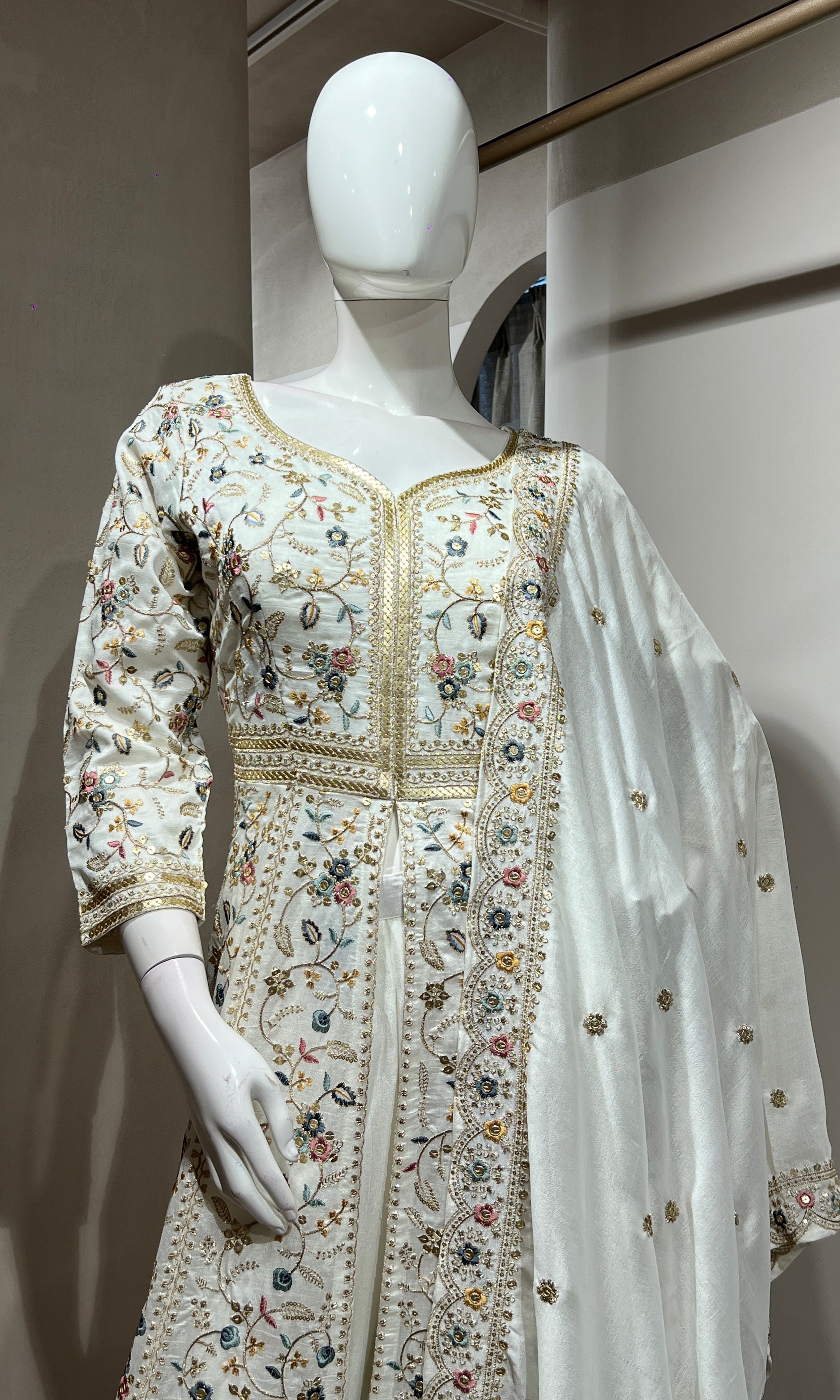 White EMBROIDERED FRONT SLIT ANARKALI SET