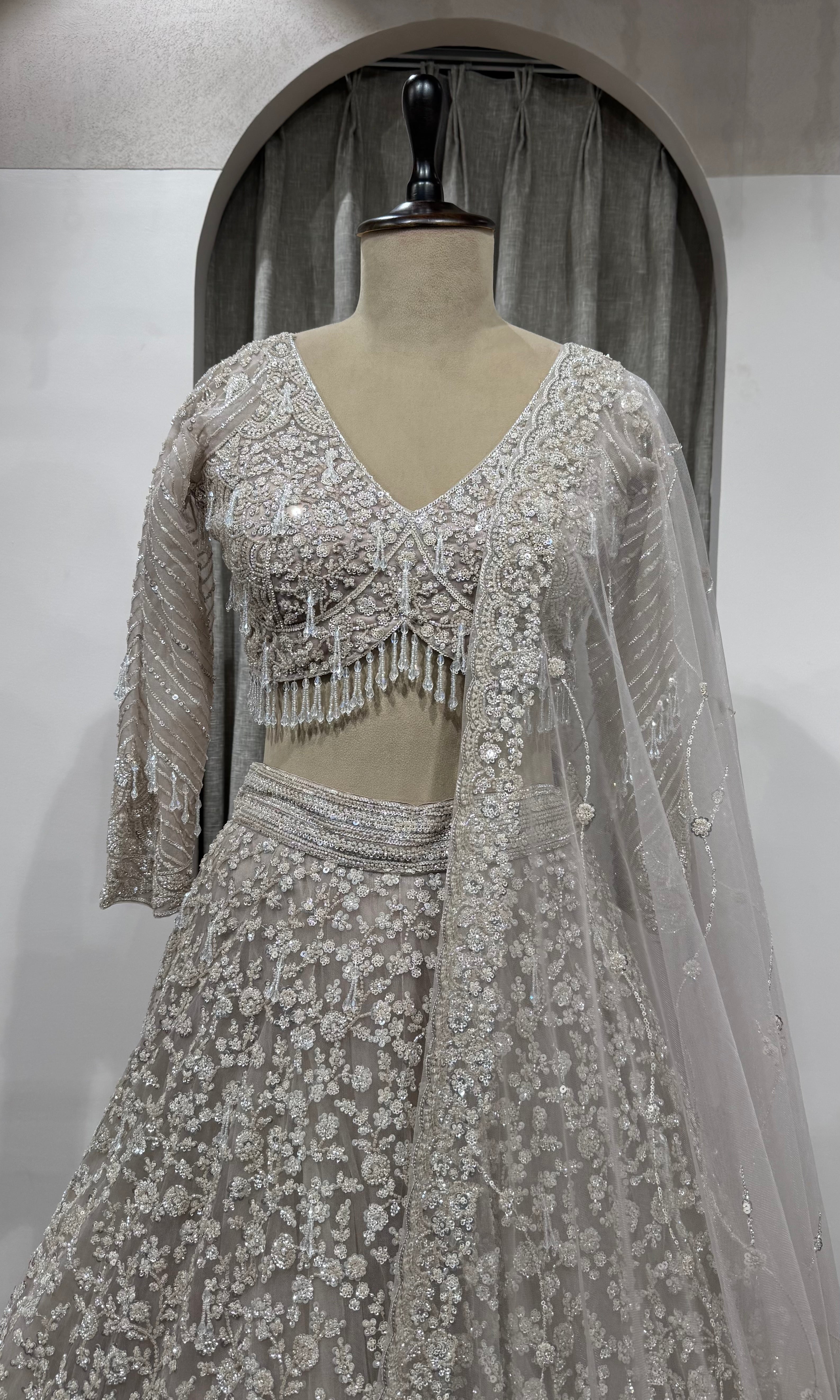 Grey Silver Net Heavy Embroidered Bridal Lehenga Set