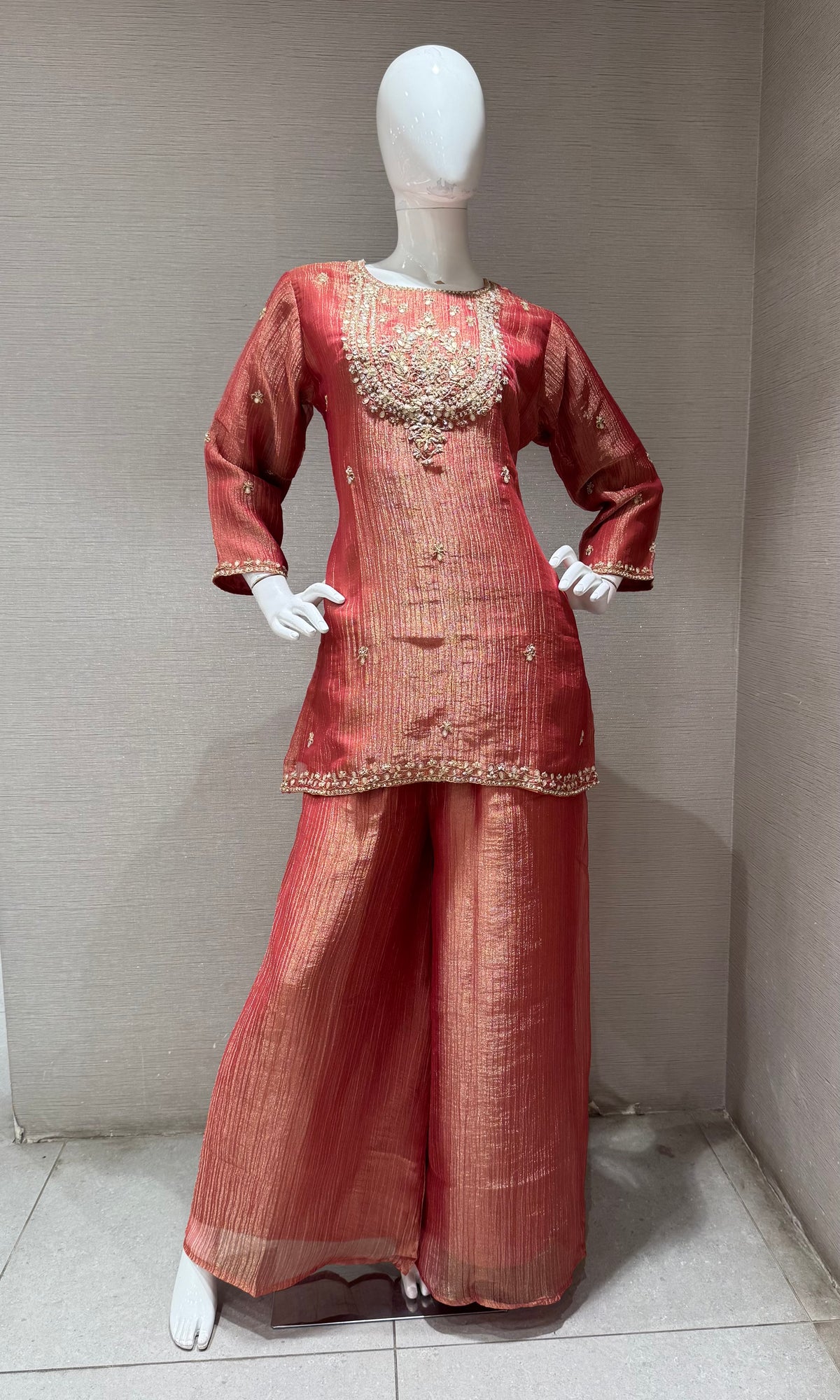 RUST TISSUE SILK EMBROIDERED SHARARA SET WITH DUPATTA