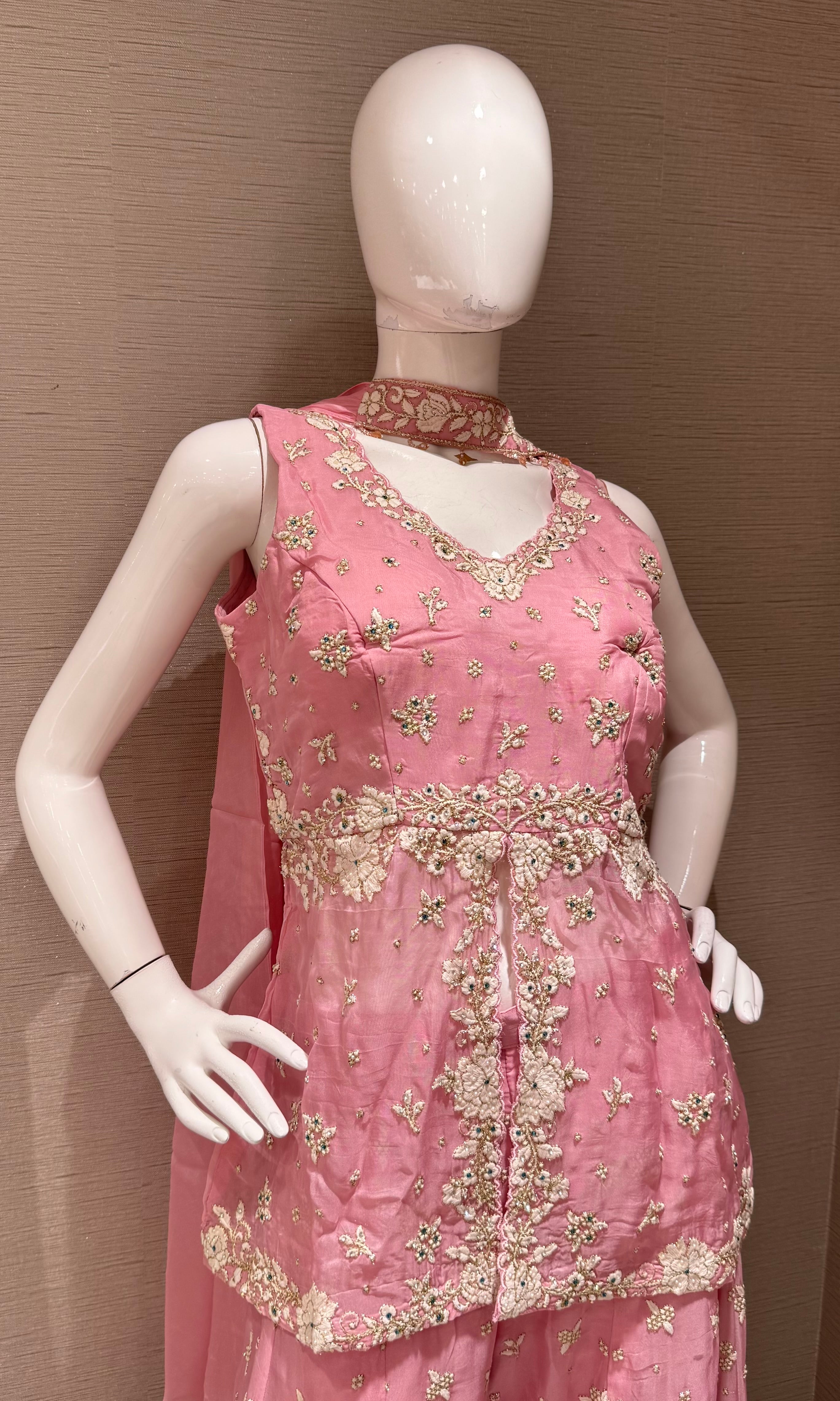 Pink Embellished Palazzo Set with Draped Dupatta