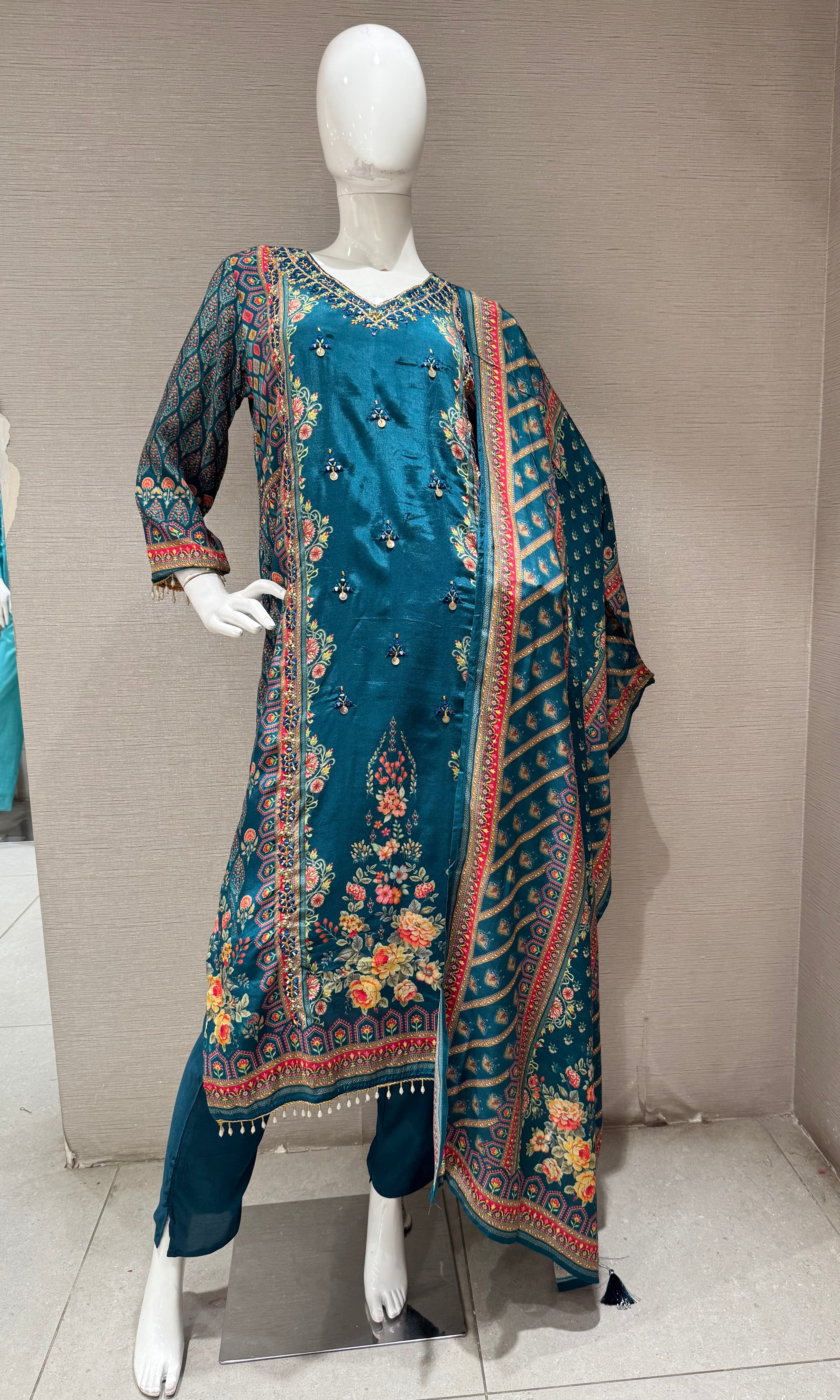 Sea green Embroidered Salwar Suit with Floral Dupatta