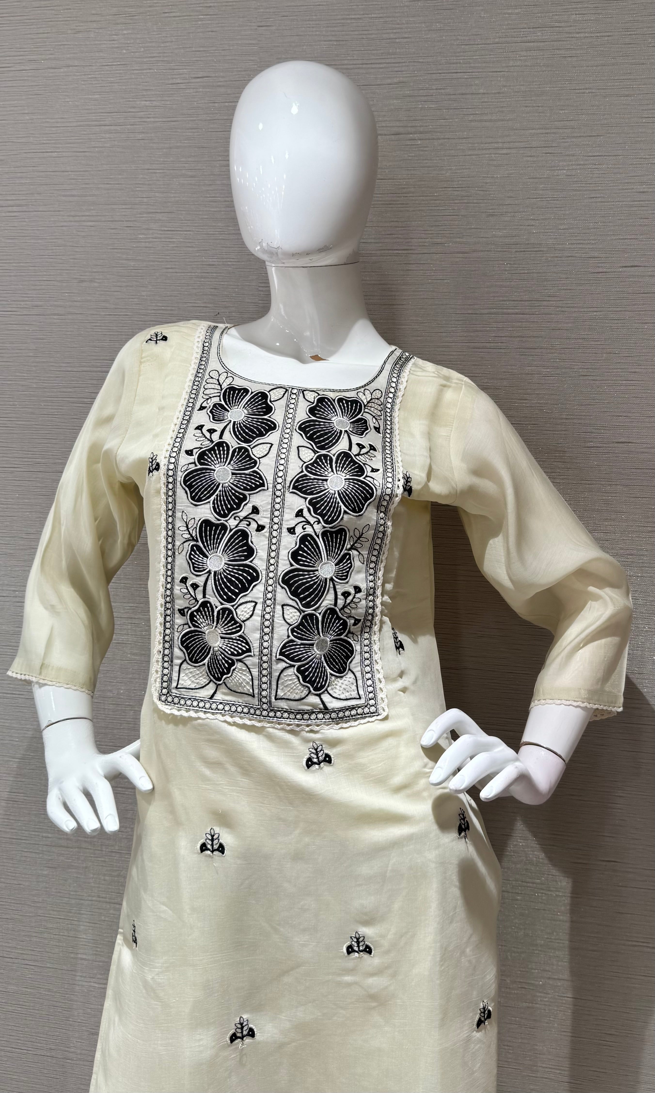 Cream & Black Embroidered Kurta set