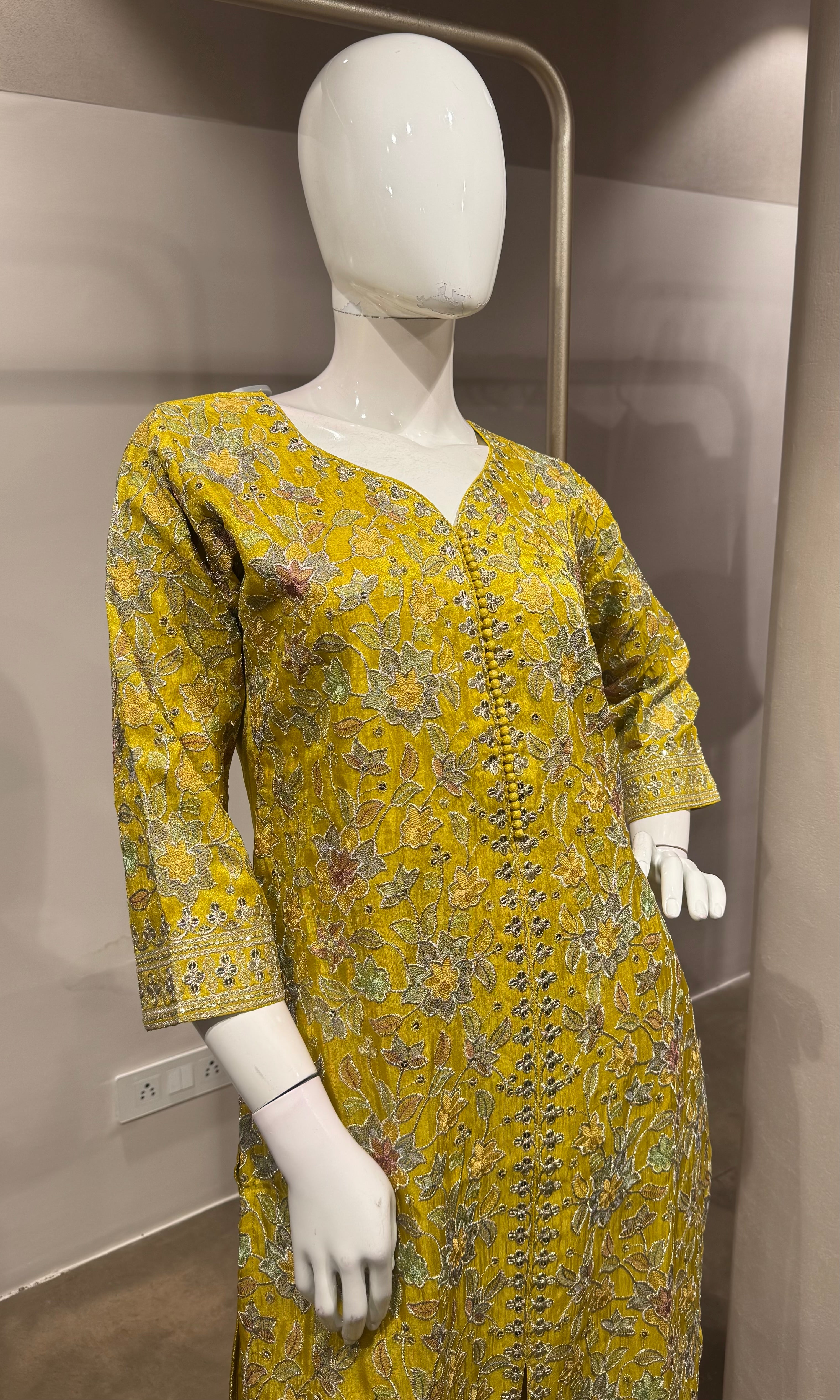 Yellow embroidered straight kurta set
