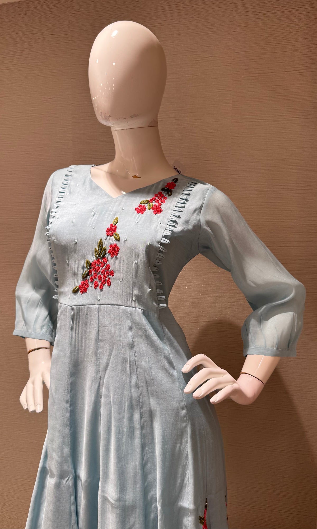 Light Blue Floral Embroidery A-Line Kurta top