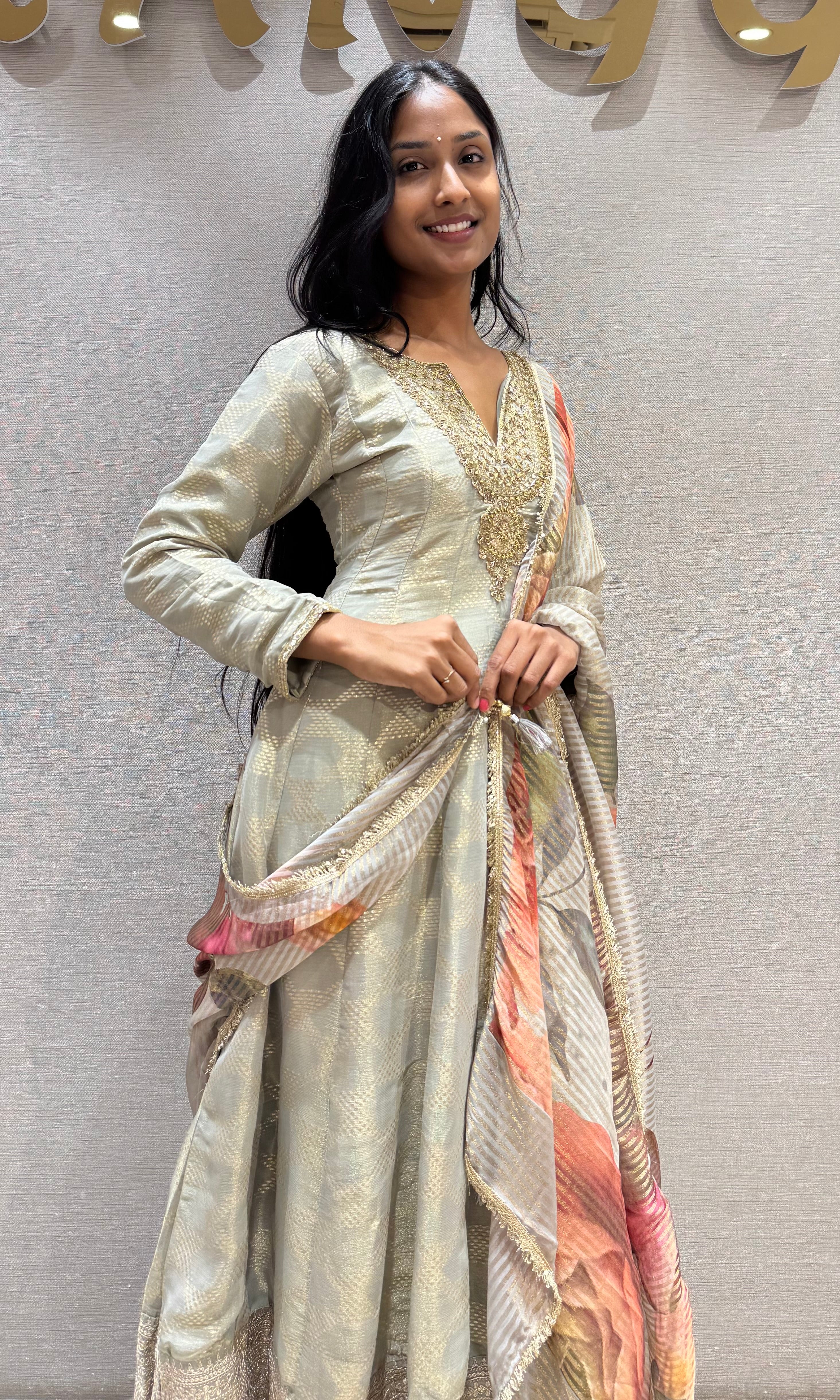 GREY Silk Anarkali Set with Floral Dupatta