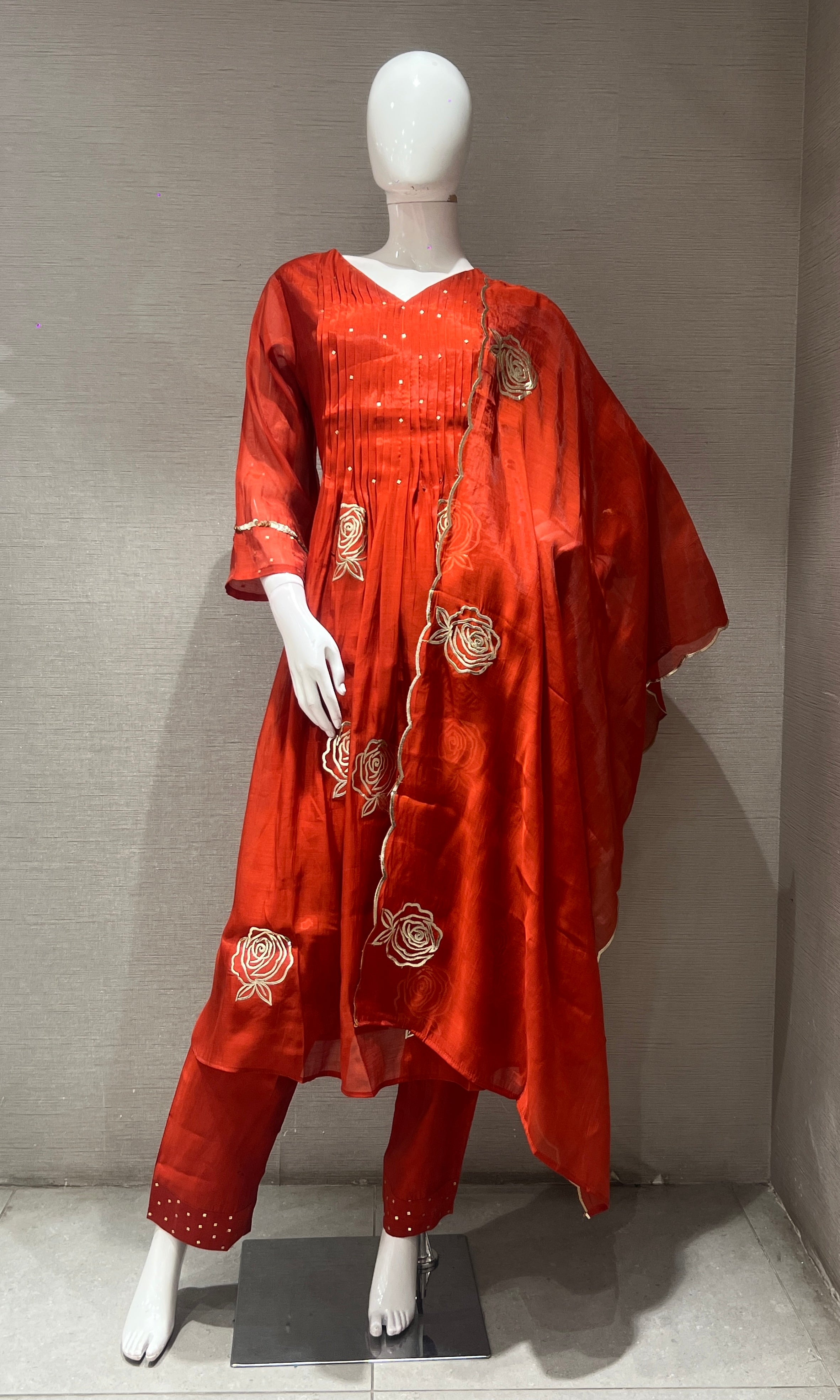 Rust Mul Chanderi Anarkali Kurta Set