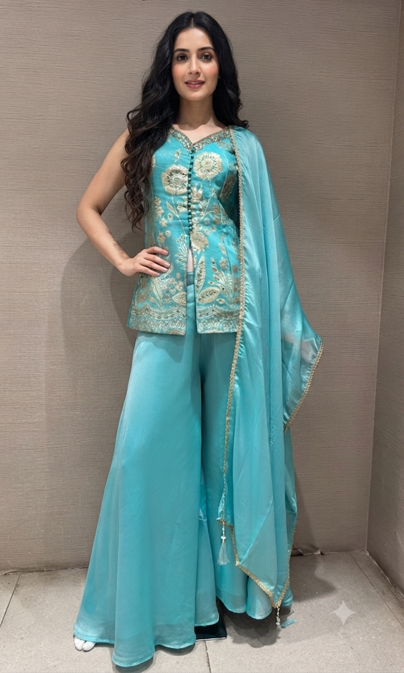 Sea Blue & Gold Shimmer Tissue palazzo Set